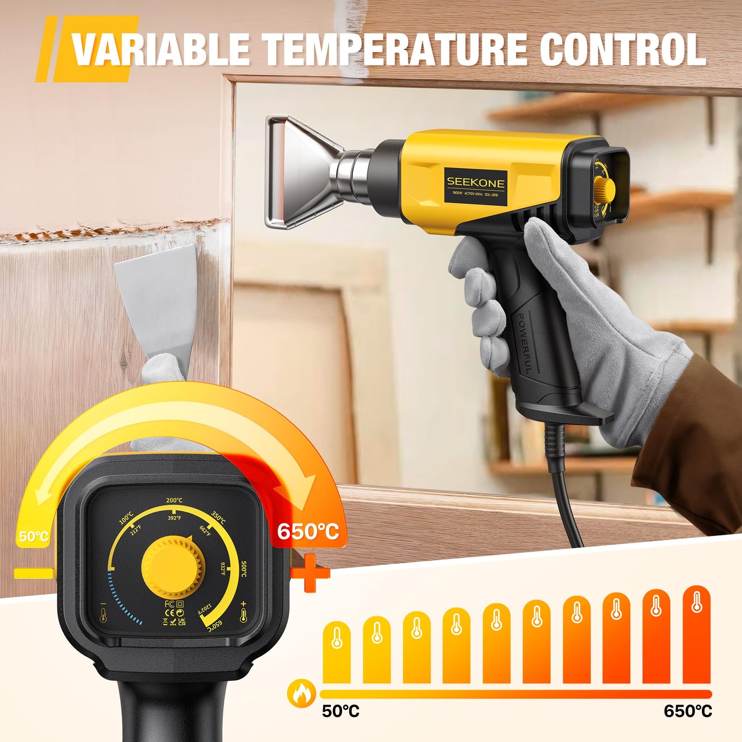 SEEKONE 1800W Heat Gun Compact Design Heavy Duty Hot Air Gun 122℉-1202℉（50℃- 650℃）Variable Temperature Control for 2 Speed Settings with 4 Nozzels for Crafts, Vinyl Wrap, Shrink Tubing
