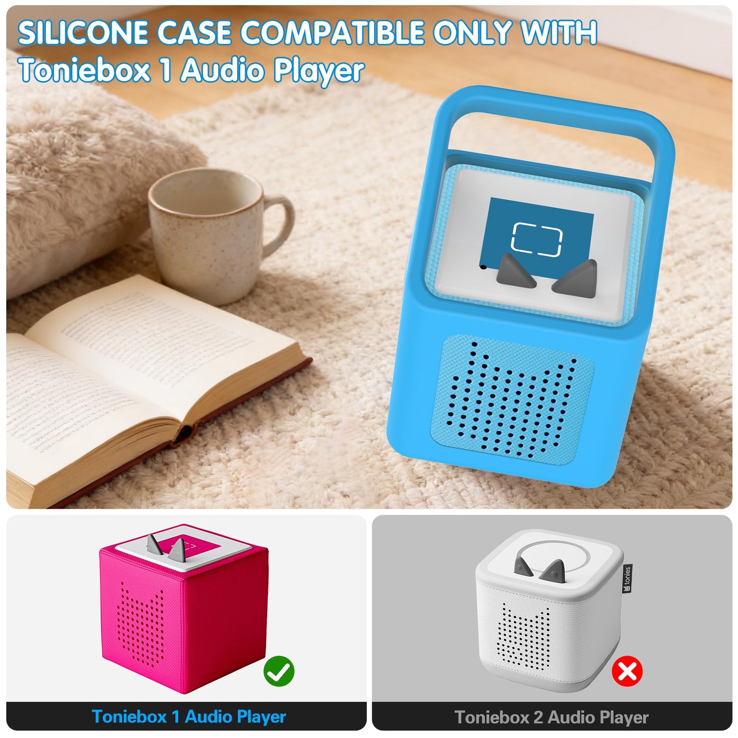 Silicone Case for Toniebox 1 Audio Player, Shockproof & Scratch-Resistant Portable Protective Cover Sleeve for Tonies Toniebox 1 Accessories with Carry Handle (Blue)