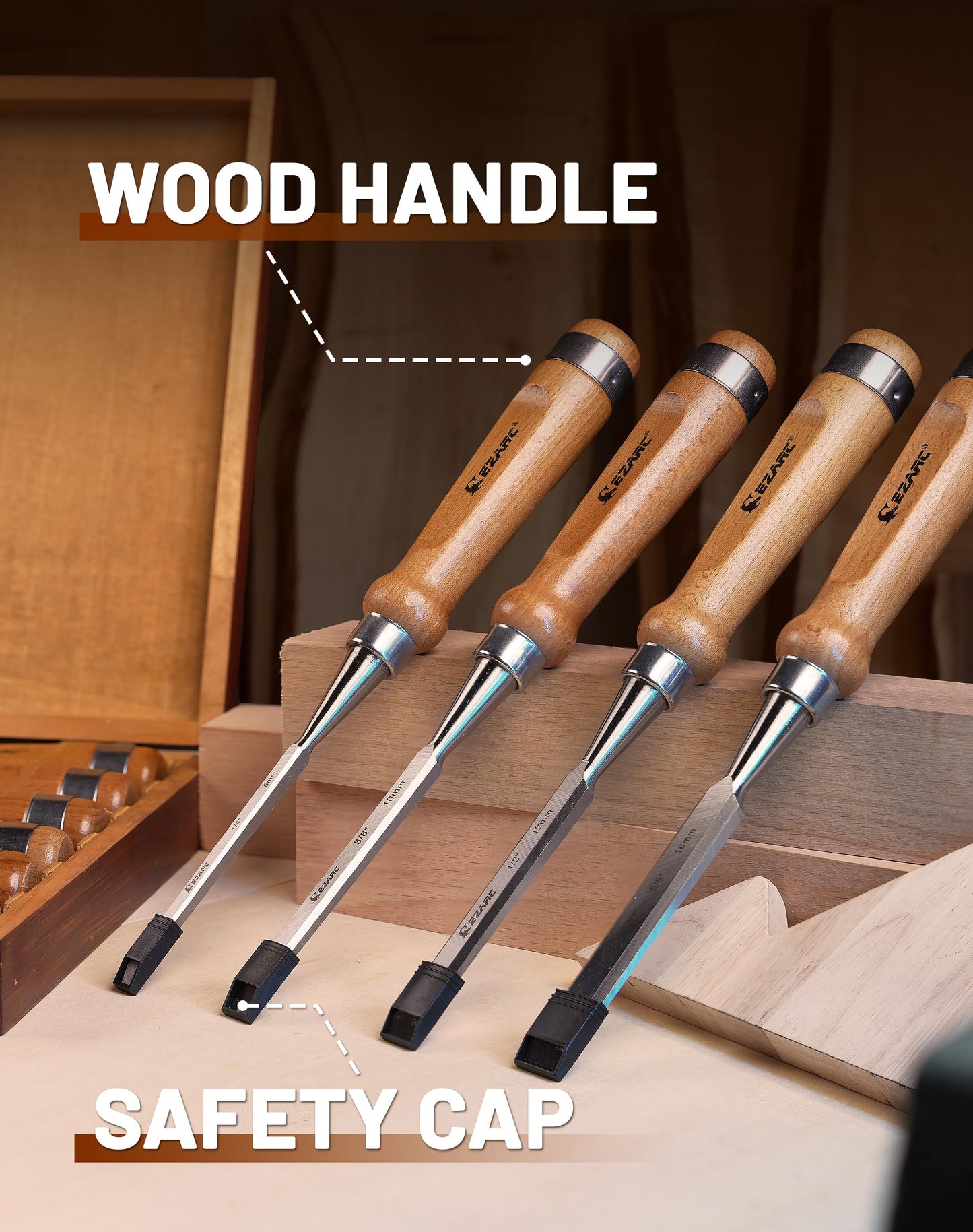 Wood Chisel Tool Sets, 6 Pieces Chrome Vanadium and Hard Ashtree Handle Woodworking Chisel Kit with Premium Wooden Case for Carpentry Craftsman