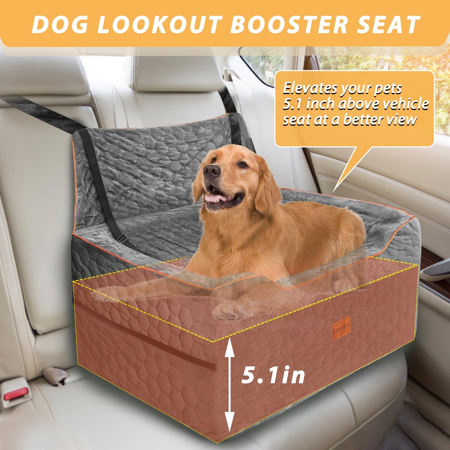 Dog Car Seat for Medium/Large Dogs, Booster Car Seats for Under 60 lbs or 2 Small Dogs, Elevated Pet Car Seat with Storage Pockets and Belt(Grey)