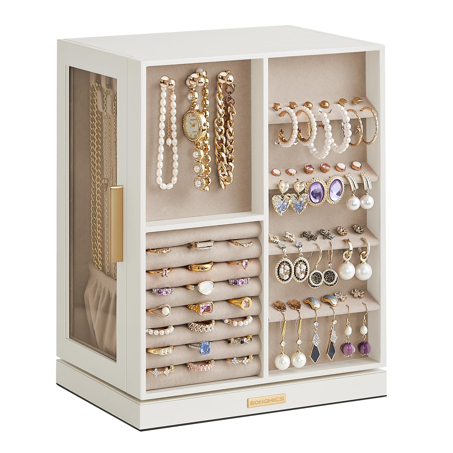 SONGMICS GISELLA Collection - Jewelry Box Organizer 360° Rotating, Large Vertical Jewelry Storage Case with 5 Drawers, Shiny Metal Hardware, Glass Window, Gift Idea, Cloud White UJBC170W01
