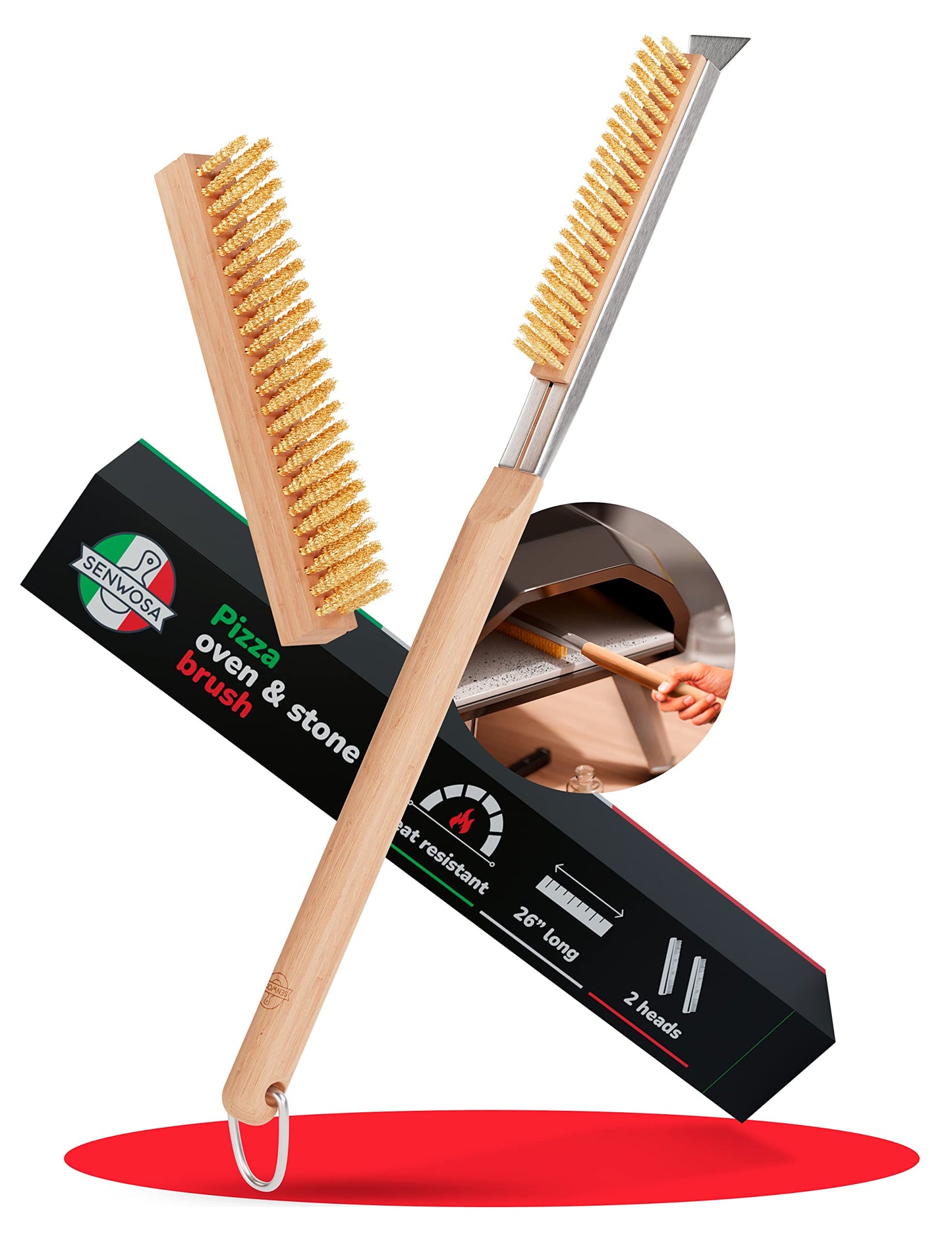 26” Pizza Oven Brush with Stone Scraper - Stainless Steel Bristles, Extra Long Handle, Heat-Resistant - Compatible with Ooni, Gozney and Similar Ovens - Includes Spare Head