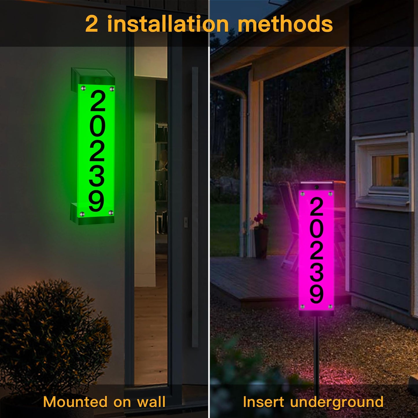GOSUNWEY Solar House Numbers for Outside, Led Solar Address Sign with Stakes, Waterproof RGBW Lighted House Number Sign, Modern Address Plaque Solar Powered for Yard Home