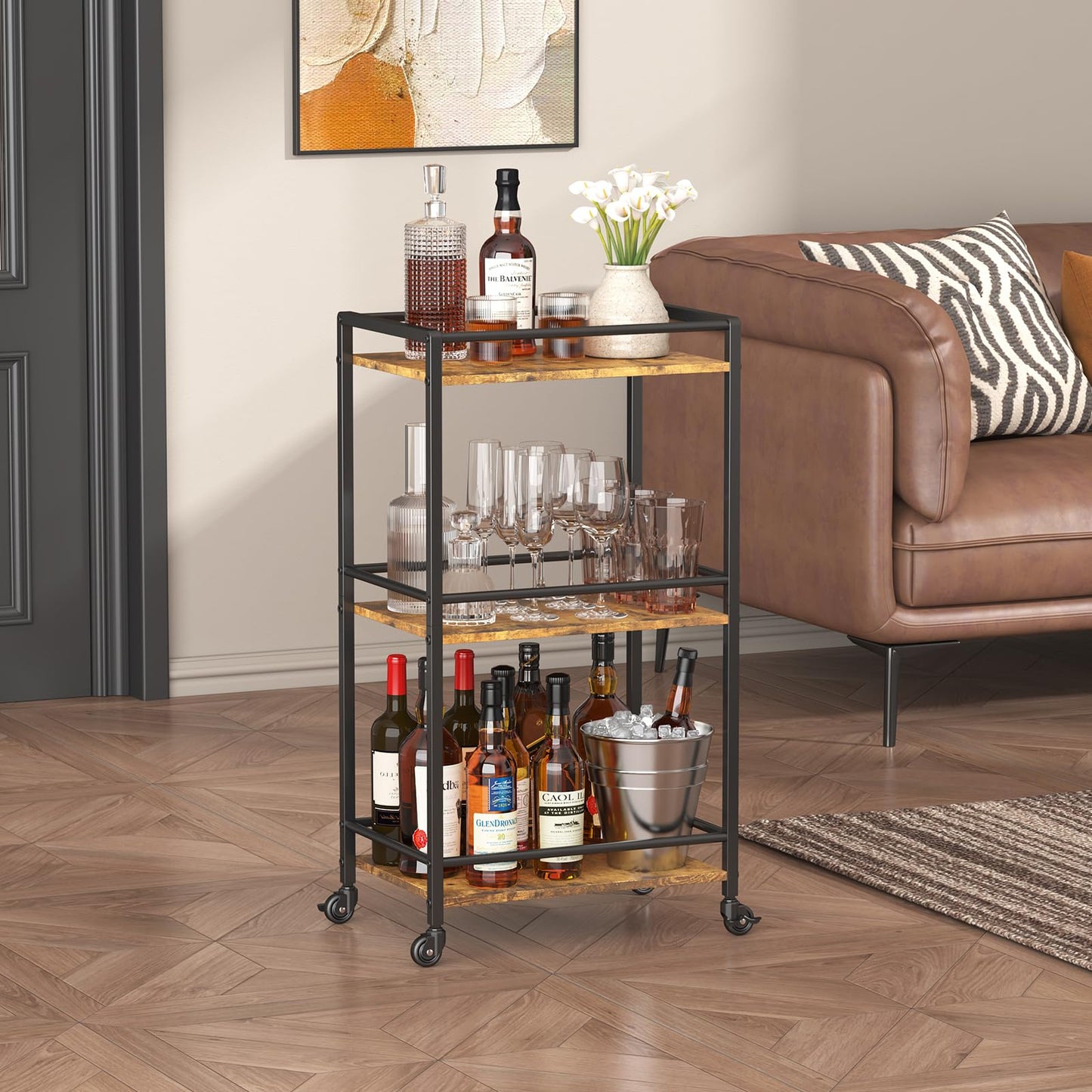 Lifewit Bar Cart for The Home, 3 Tier Small Coffee Cart, Rolling Mini Wine Cart with Lockable Wheels, Drink Serving Cart for Kitchen, Living Room, 17" x 11.8" x 32.1", Rustic Brown