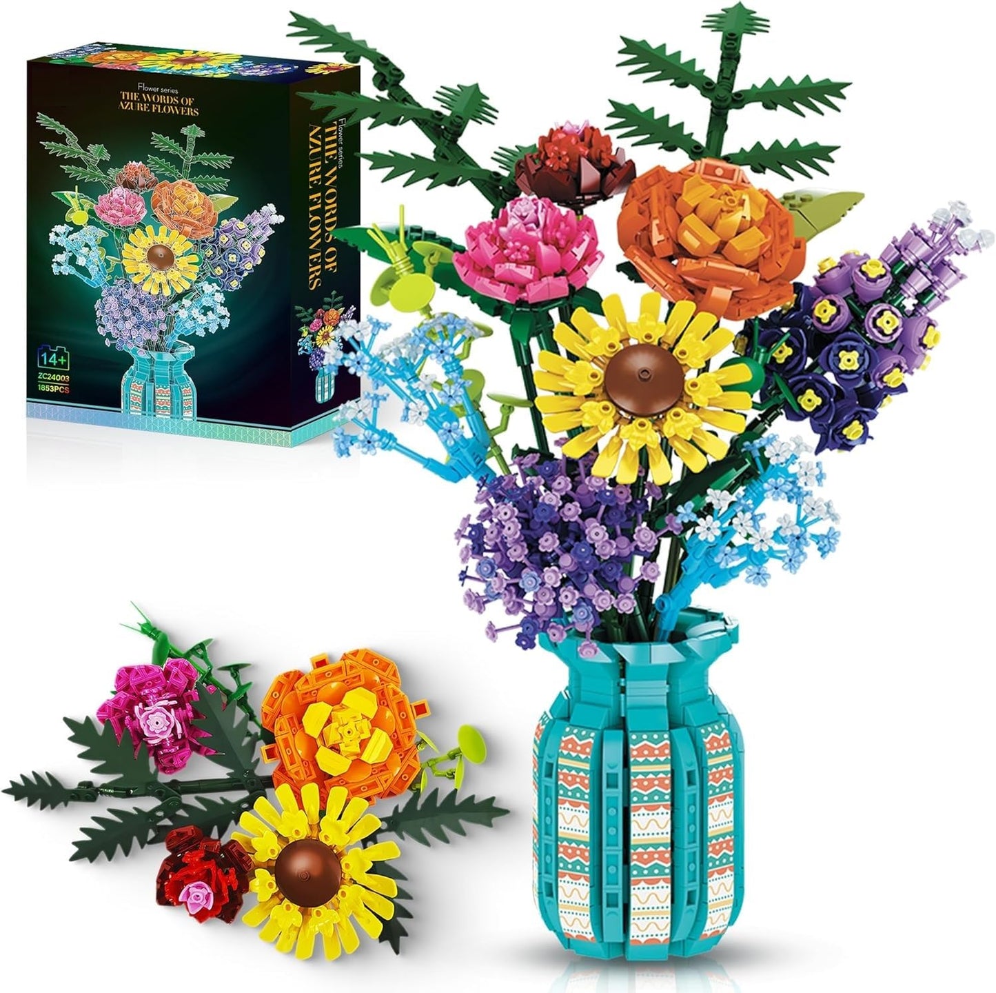 BlockPro Flowers Bouquet Building Blocks Set with Vase, Roses, Sunflower, Hyacinth, Hydrangea, Flower Set for Adults, Teen Girls, Home, Office Decor, Valentine's 1853pcs