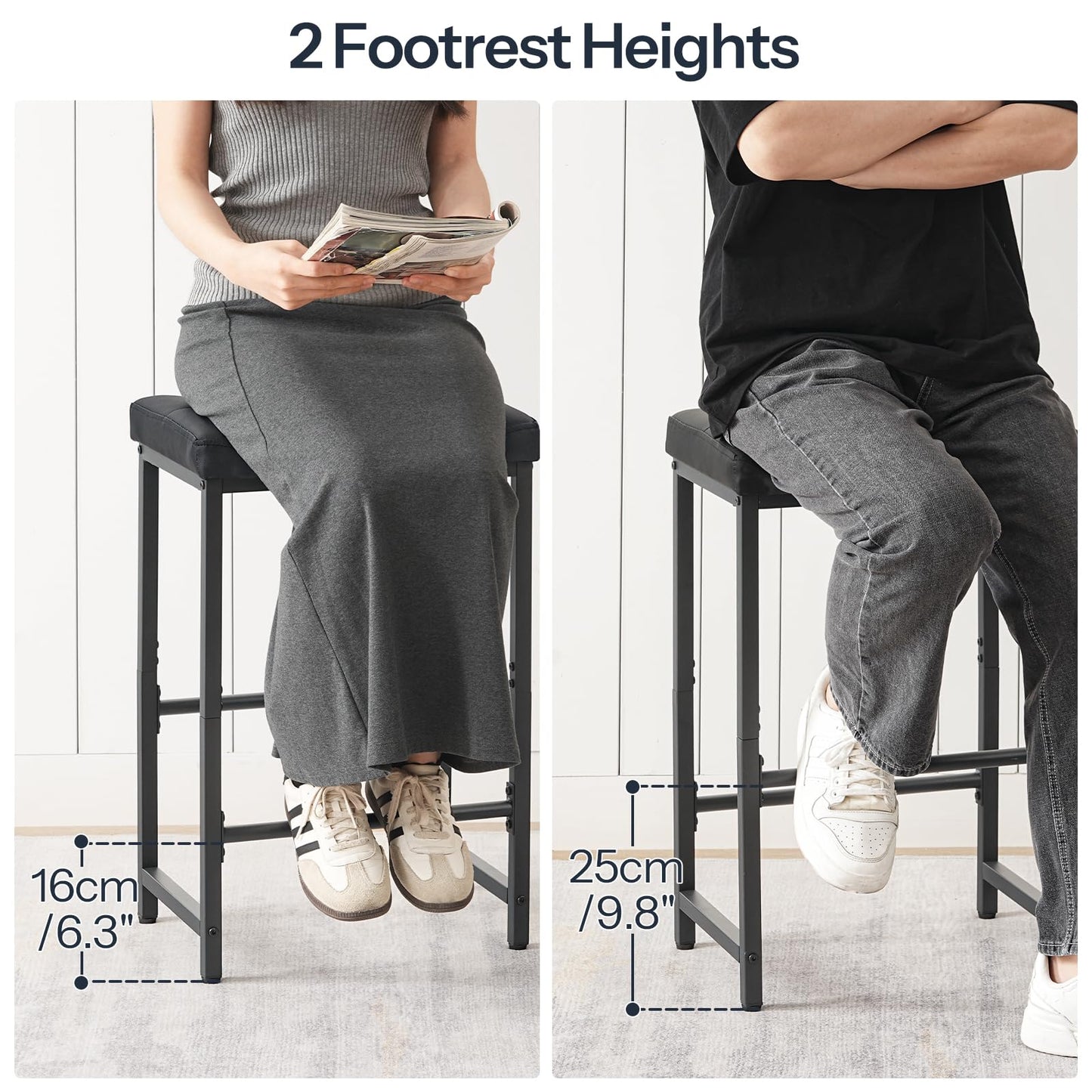 HOOBRO Bar Stools, 64.5 cm Saddle Stools with PU Upholstery, Counter Height Stools with Footrest, Kitchen Breakfast Chairs, for Dining Room, Cafe, Bar, Black BB23BY01