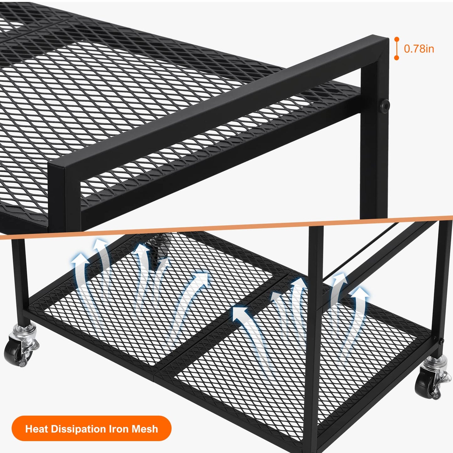 Computer Tower Stand, PC Tower Stand, Mobile CPU Holder Stand Cart with Caster Wheels Metal 2 Tier Rolling Printer Cart for Fax Home Office Black