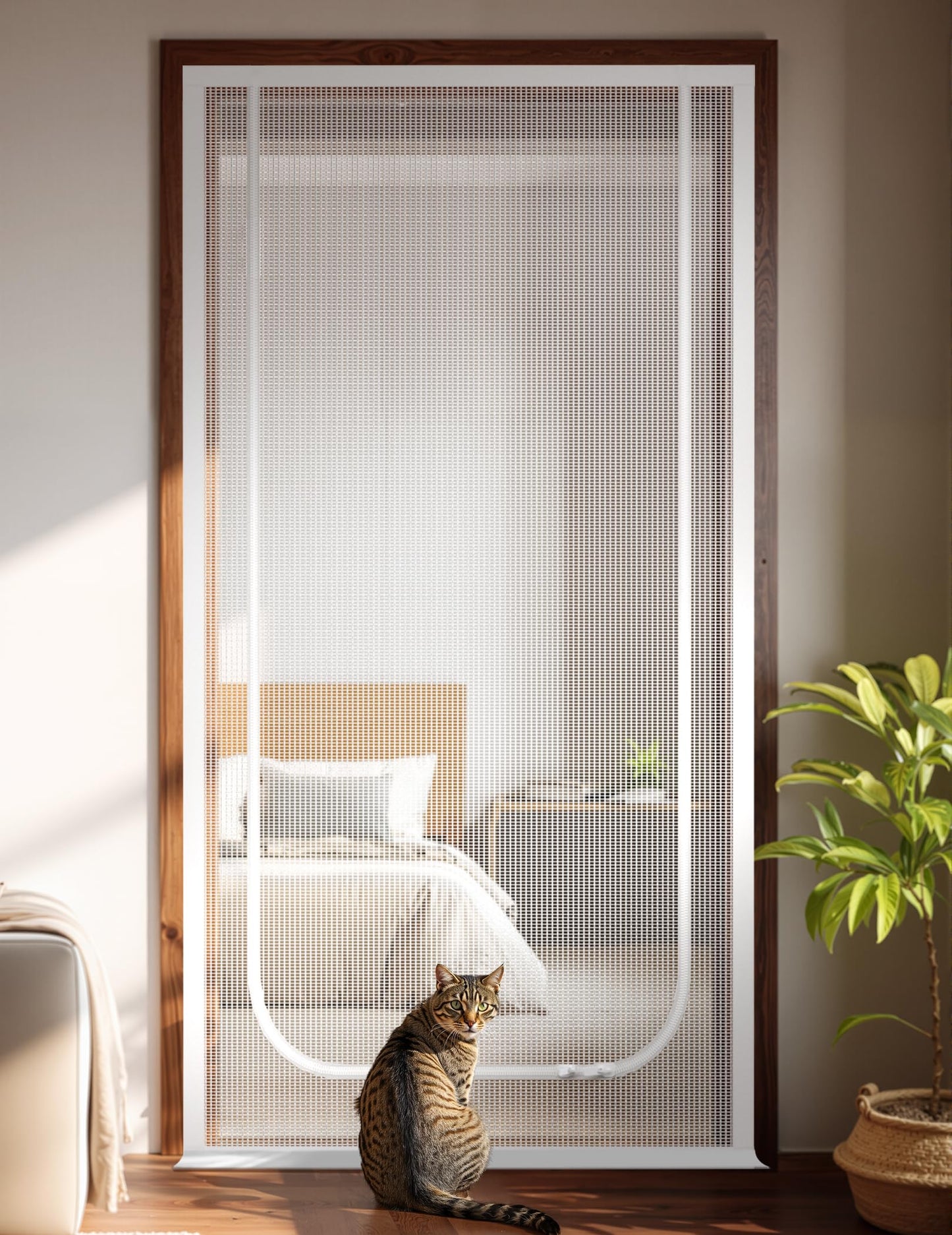 BFNN Cat Screen Door, Extra Tall Cat-Proof Mesh Gate, Fit Door Size 32'' x 80'', Anti Scratch Mesh with Zipper Closure, for Living Room, Kitchen, Bedroom (White, U-Shaped)
