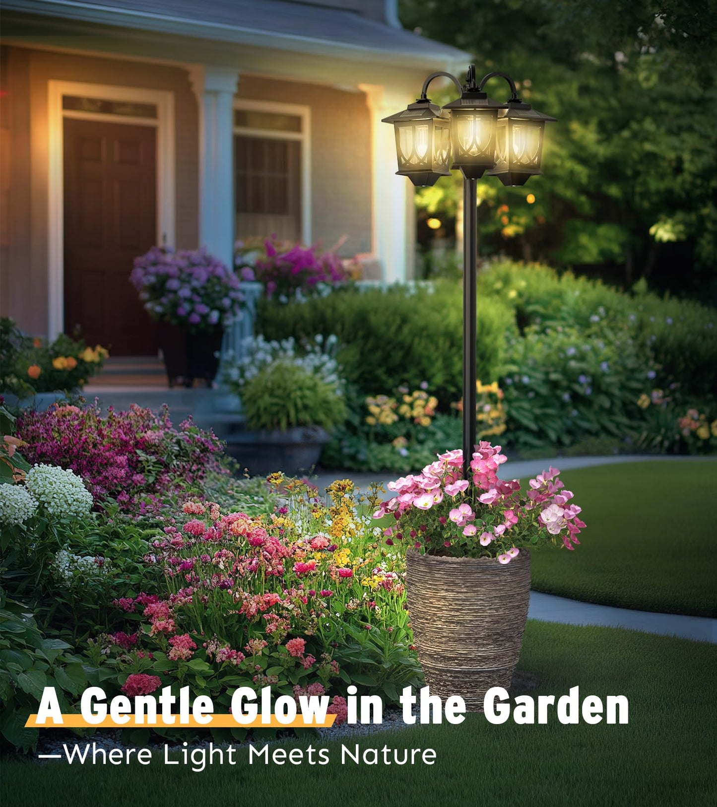 73" Aluminum Solar Lamp Post Light, 3-Head Solar Light Posts for Outside Waterproof, 90Lm Outdoor Lamps for Patio, Backyard, Front Porch Decor, Warm White, Replaceable Bulb