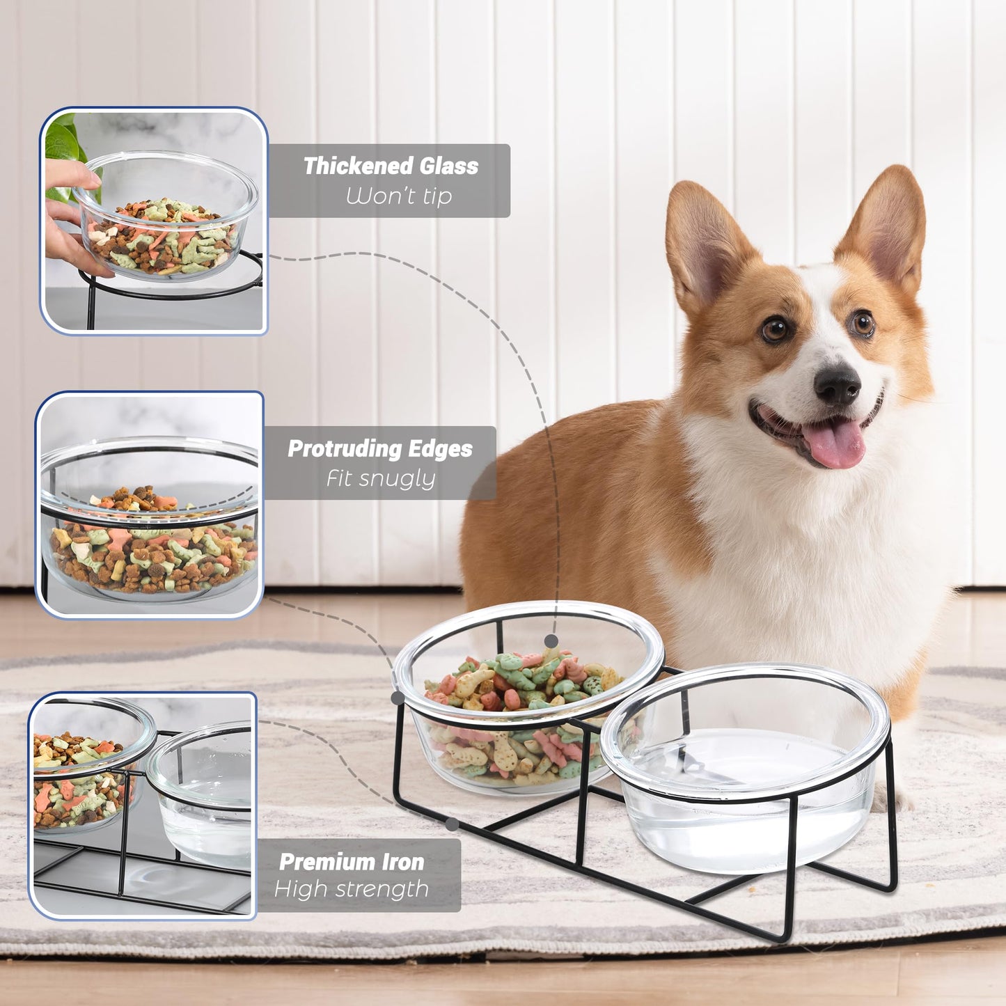 Glass Elevated Dog Bowl Set - Raised Food and Water Bowls with Metal Stand - Pet Dishes for Small and Medium Dogs - 2 Cups (27 fl oz) Each - Transparent