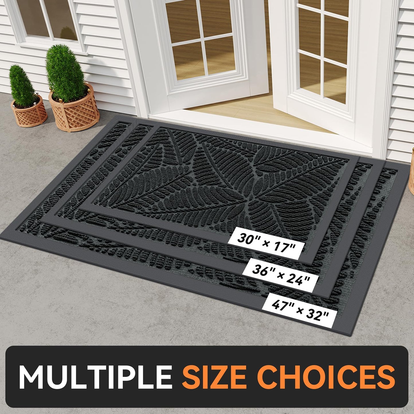 Grandaily Front Door Mat Indoor Outdoor Waterproof Doormat, Non Slip Natural Rubber Welcome Mat, Heavy Duty Durable Super Absorbent Entryway Rugs, 48"x32", Bright Black