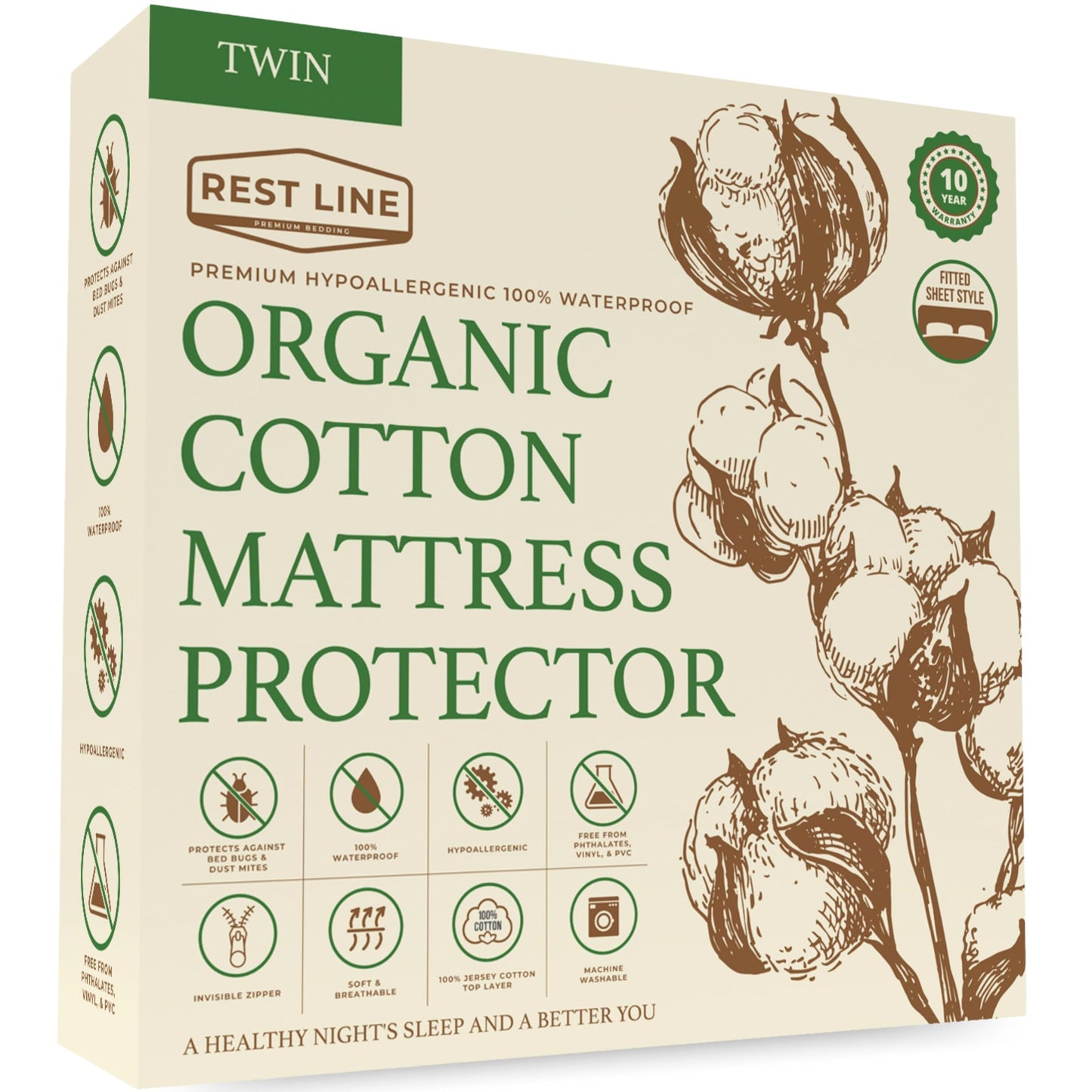 Twin Size 39x75” Premium Organic Cotton Waterproof Mattress Protector, 100% Cotton Top, Hypoallergenic, Cooling Mattress Pad Cover, Soft & Breathable Fitted Sheet Style up to 18" Deep - Rest Line
