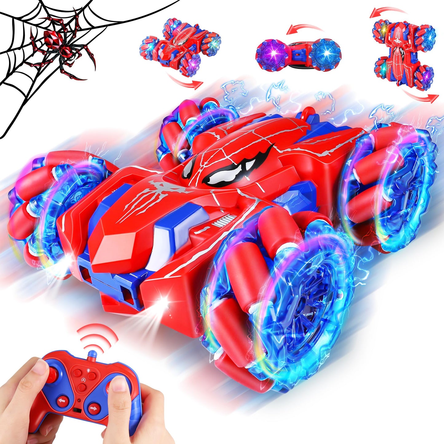 Kssvzz Spider Remote Control Cars for Kids, RC Stunt Car with Light Strip, 2.4 Ghz RC Cars, Boys Toys Age 4 5 6 7 8 9 10 Year Old, Car Toy for Boys Age 4-6 5-7 8-12, Rechargeable Spider Toys