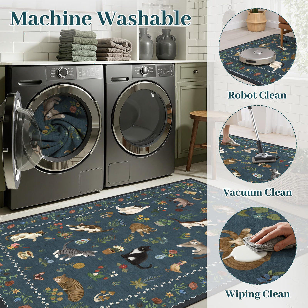 5x7 Area Rugs Living Room Rug - Floral Animal Boho Non-Slip Washable Carpet, Low Pile Non-Shedding Stain Resistance Boho Soft Carpet for Bedroom, Kids Playroom, Dining Room, Farmhouse (5'x7' Blue)