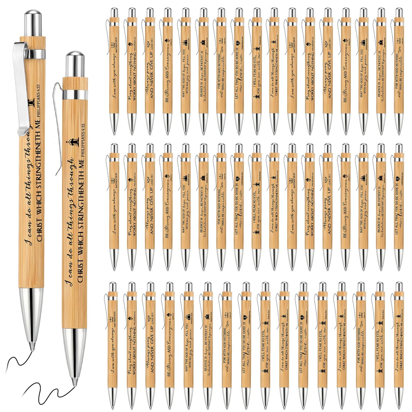 Fumete 50 Pcs Fathers Day Christian Gift Bible Verse Bamboo Pen Wooden Inspirational Quotes Ballpoint Pen Bulk Religious Church Gifts for Women Graduation Pastor Teacher(Natural,English)