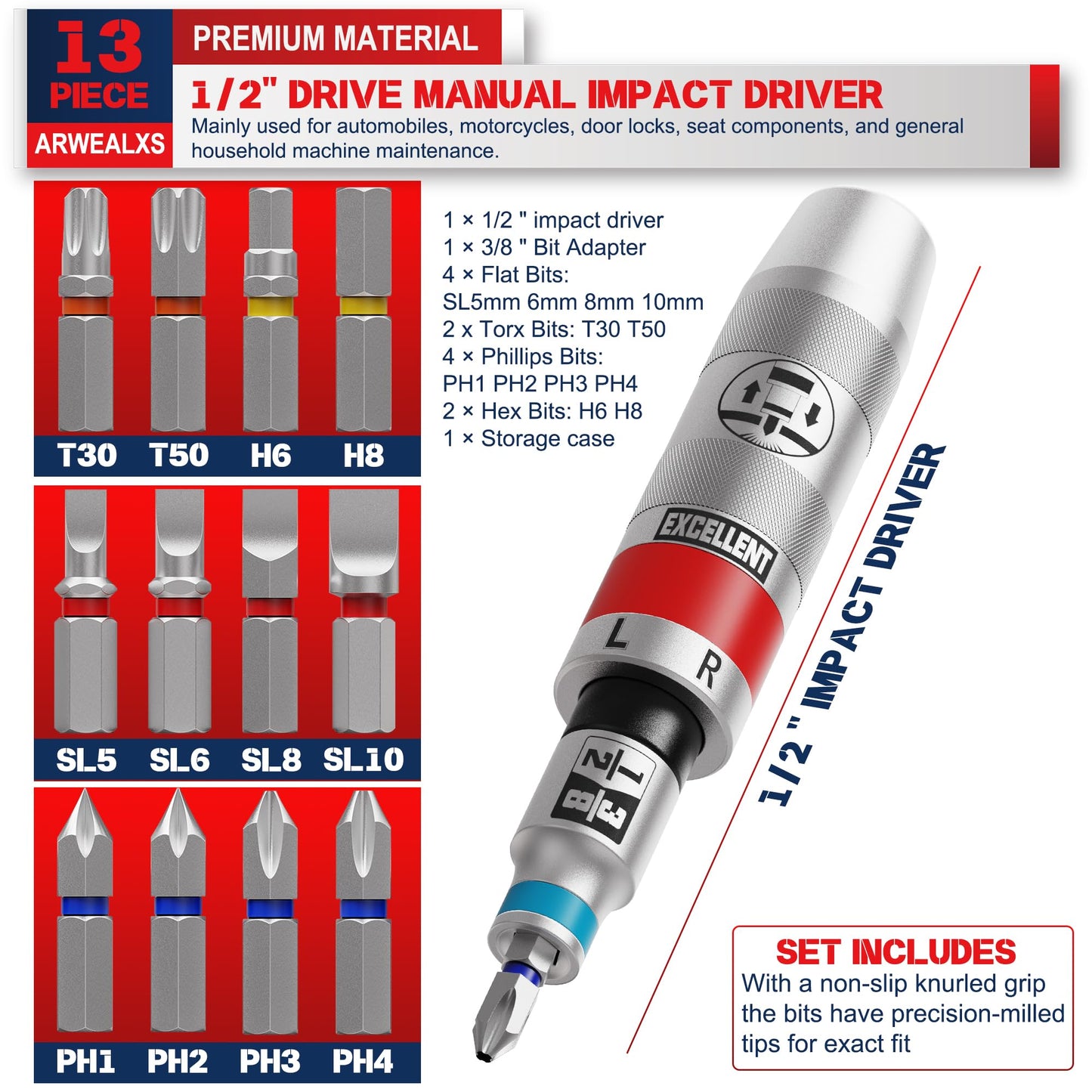 Arwealxs 13 Piece 1/2" Drive Manual Impact Driver, Reversible Hand Impact Screwdriver Set with Slotted, Hex, Phillips Bit Kit, for Tighten and Rusted Fasteners or Frozen Bolts, with Storage Case