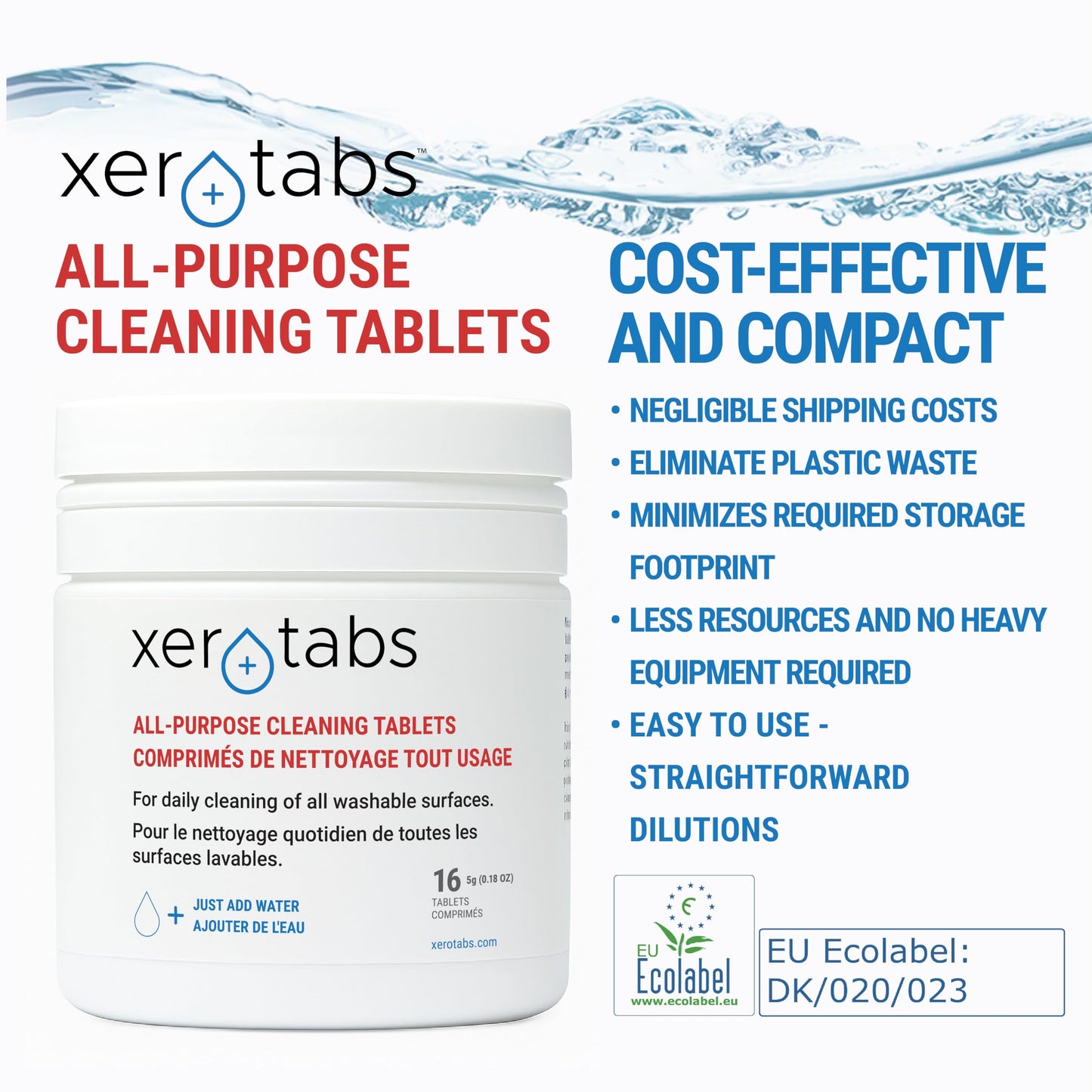 Xerotabs All Purpose Cleaning Tablets – Eco-Friendly, EU Ecolabel Certified Multi-Surface Cleaner for Commercial & Industrial Use (16 × 5g Tablets)