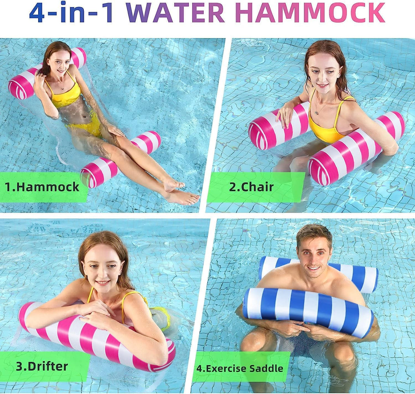 5 Pack XL Pool Floats Adult Size, 4-in-1 (Hammock, Saddle, Lounge Chair, Drifter) Multi-Purpose Water Pool Float, Non-Stick PVC Material (5 Pack)
