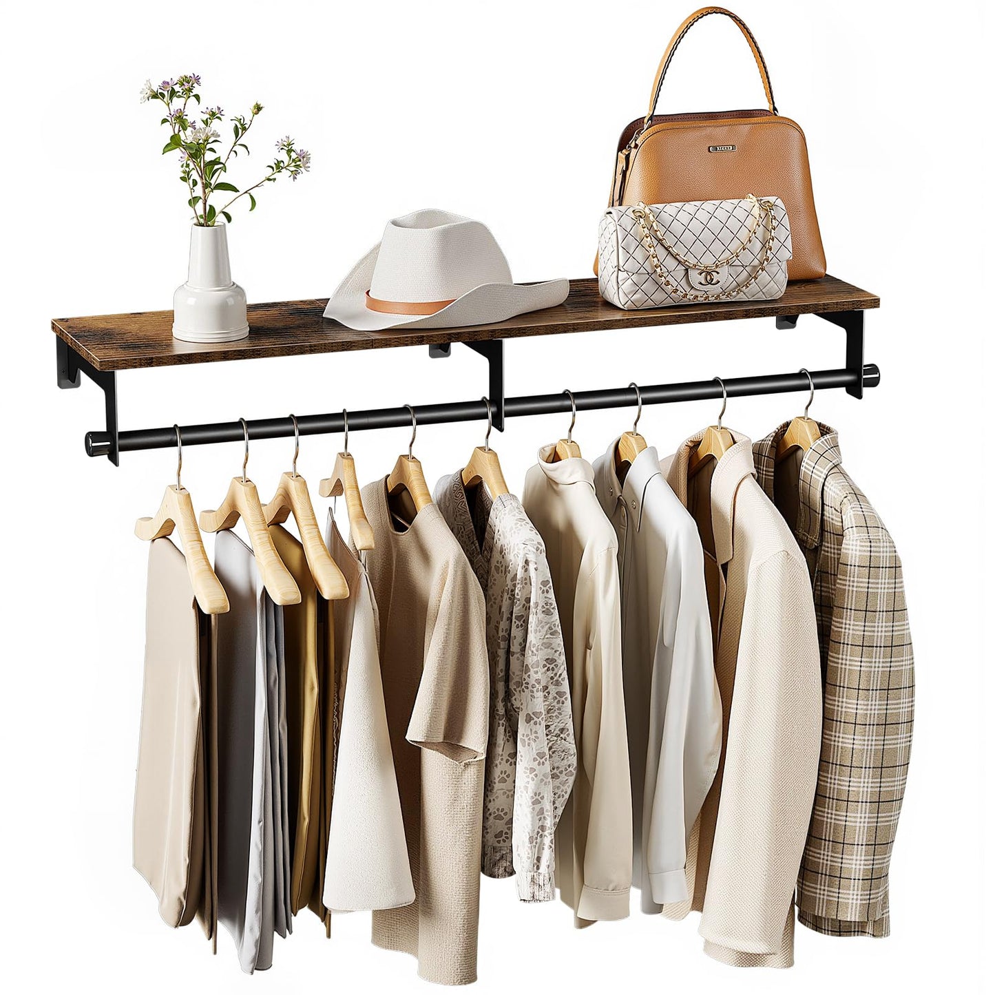 Luxspire Clothes Rack Wall Mounted, 43.3inch Clothing Racks with Top Shelf for Hanging Clothes, Heavy Duty Industrial Pipe Garment Rack, Laundry Room Shelves Closet Storage, Large, Black + Brown