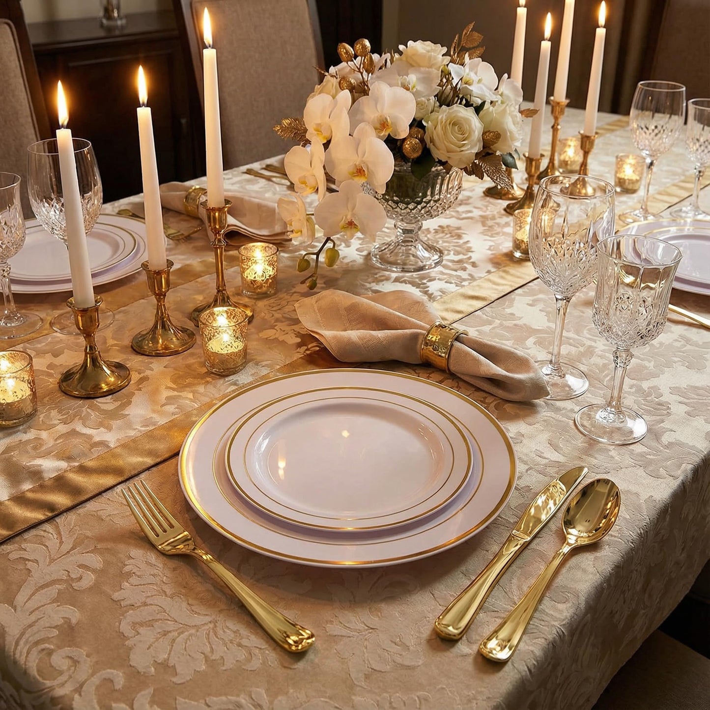 Supernal 102pcs White and Gold Plastic Plates Disaposable Party Plates White Gold Rim Heavy duty, Fancy Gold Plastic Dinnerware Set included 51 Dinner & Dessert Plates for Party,Birthday and Wedding