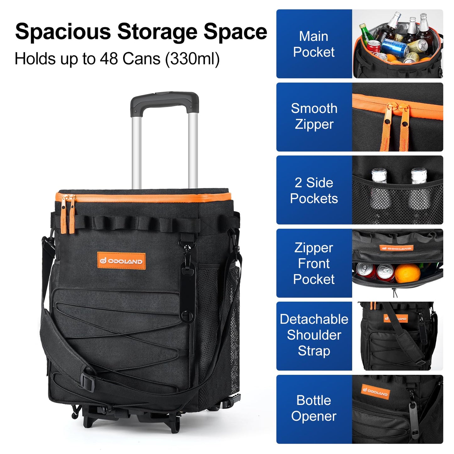 Odoland 48-Can Large Camping Cooler with Wheels, Leakproof Insulated Soft Cooler Bag with Stable All-Terrain Cart and Handle Collapsible for Camping Cooler Beach Travel Picnic