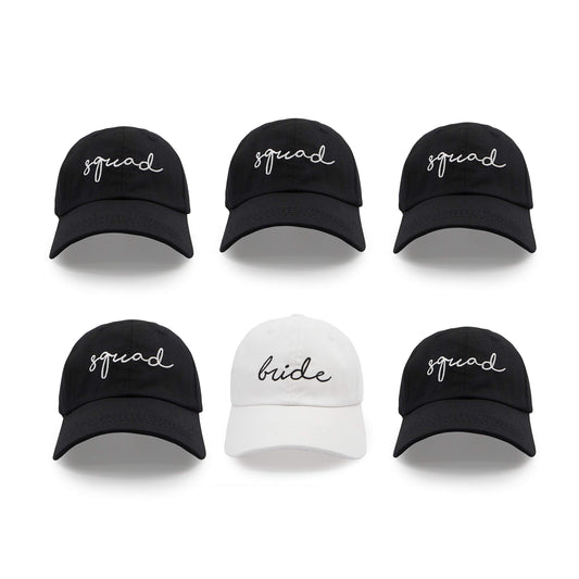 6 Pack Bride Squad Baseball Hat Embroidered Cotton Dad Cap Bachelorette Party Bridesmaid Gift Low-Profile Adjustable Strap Back Truck Hats