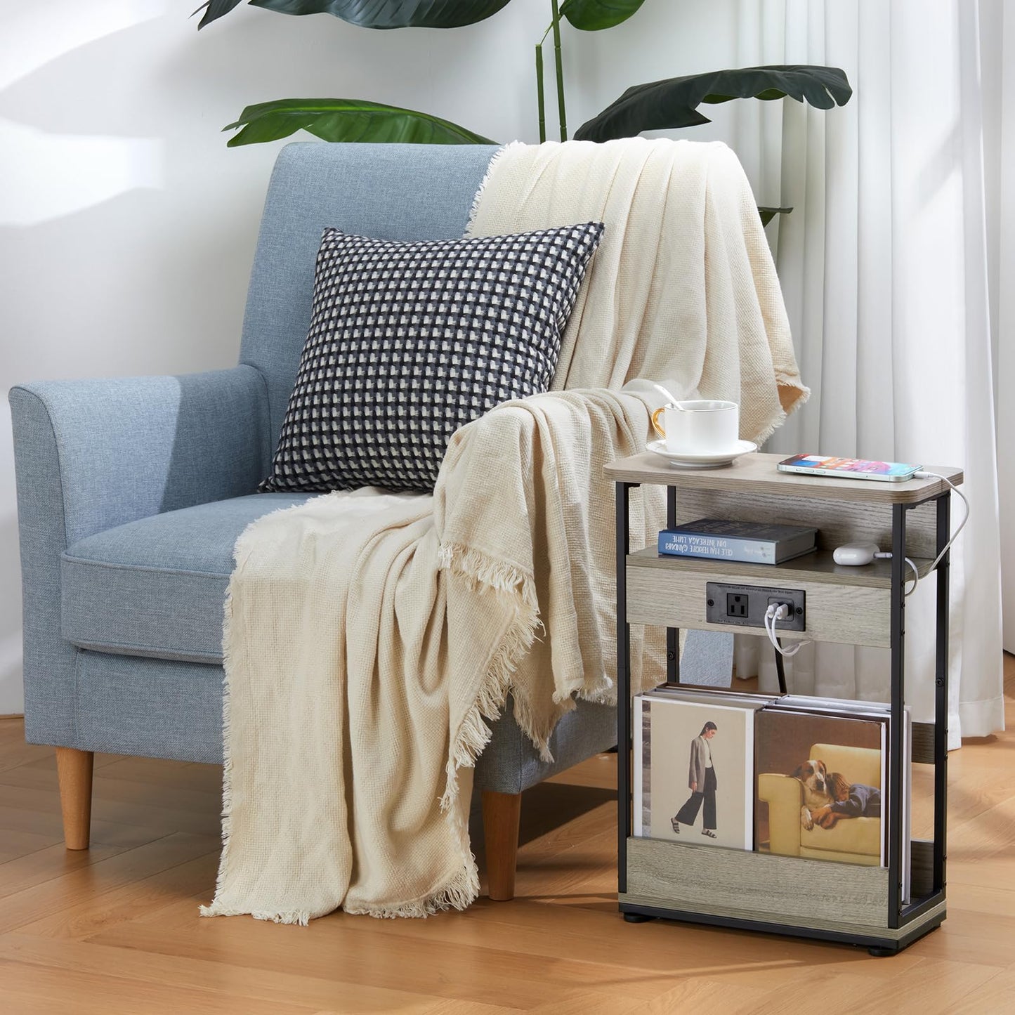 Small Narrow Side Table with Charging Station for Small Space, 3-Tier Accent Couch Beside Table with USB Ports & Power Outlets, Sofa Side Table for Living Room Bedroom Apartment (USB Charger, Oak)
