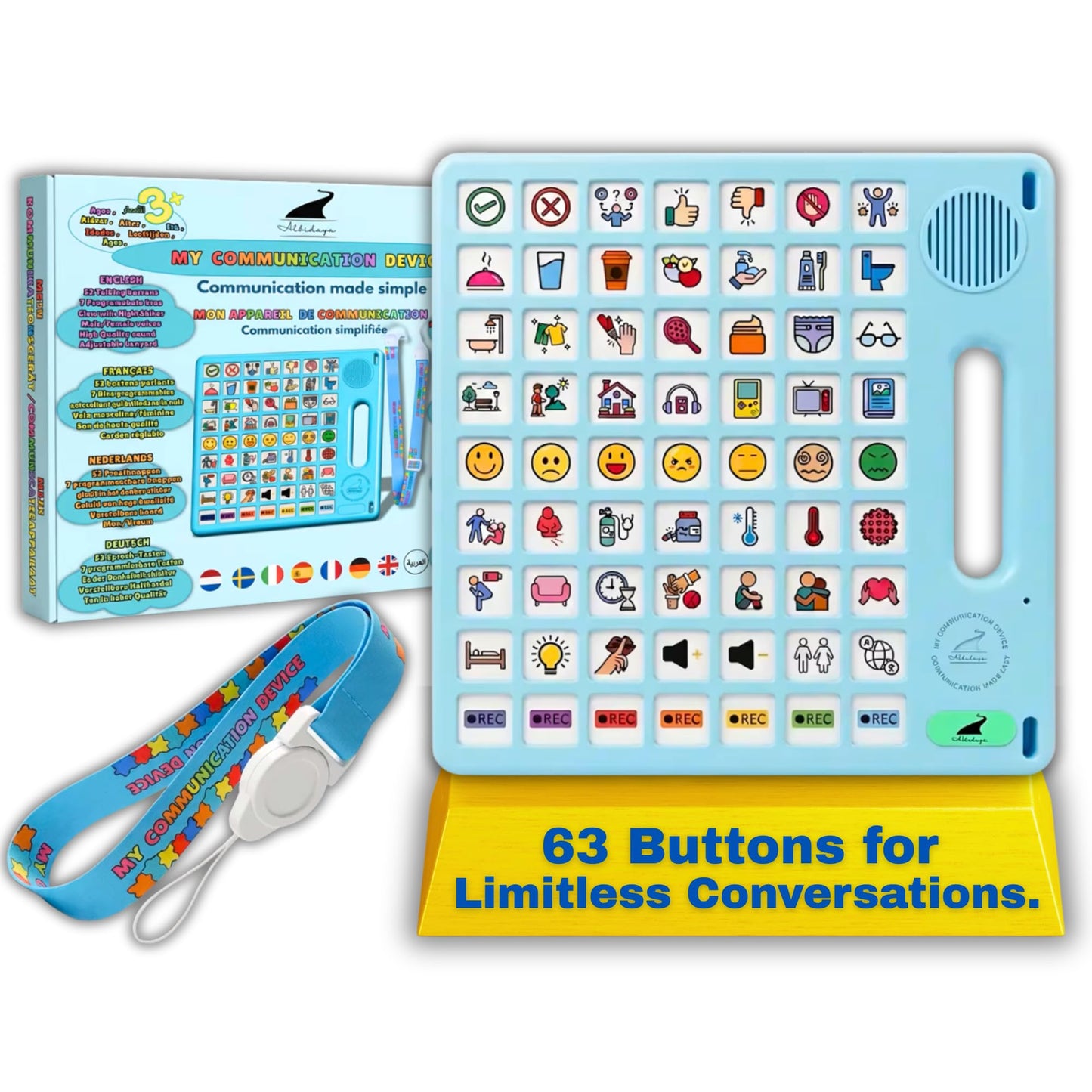 8 Languages AAC Device with 63 Buttons - Speech Tool for Autism - TBI, Talking, Communication Support for Nonverbal Users, ALS, Stroke, Apraxia, Aphasia - Intuitive Audio with Lanyard.