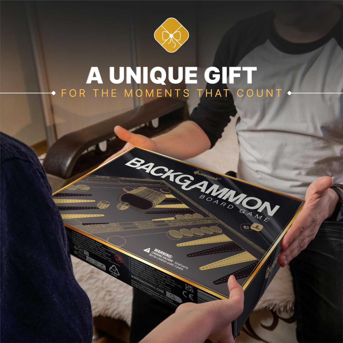 Backgammon Sets for Adults – 15-Inch Black PU Leather Board Game Set – Classic 2-Player Travel Backgammon Set with 32 Playing Pieces, Dice, and Cups