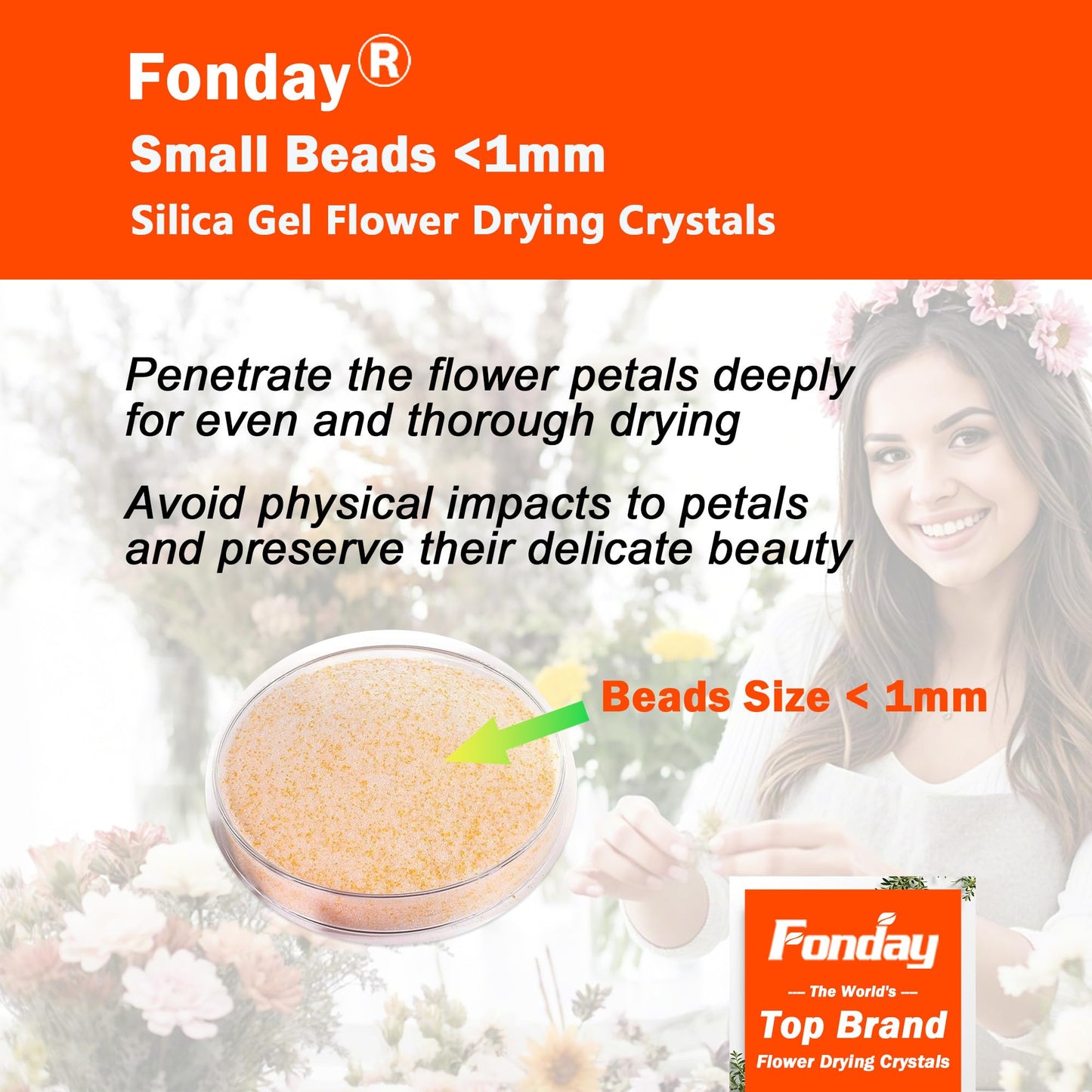 Fonday Silica Gel Flower Drying Crystals for Wedding Bouquet Preservation Color Indicating Reusable Bead Size Less Than 1mm (5LBs 3-in-1, with Sealed Container and Brush)