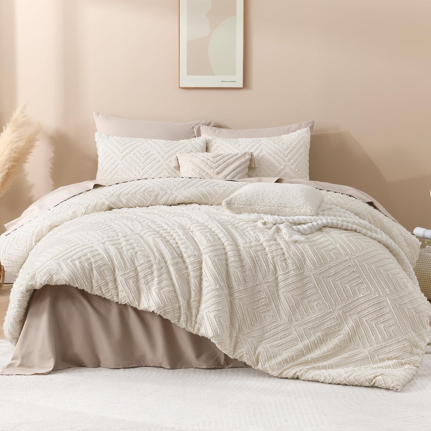 Andency Queen Comforter Set Beige, 3 Pieces Queen Size Comforter Sets Boho Cream Solid Bedding Set & Collections, All Season Tufted Farmhouse Bed Comforter Set (90x90 in Comforter & 2 Pillowcases)