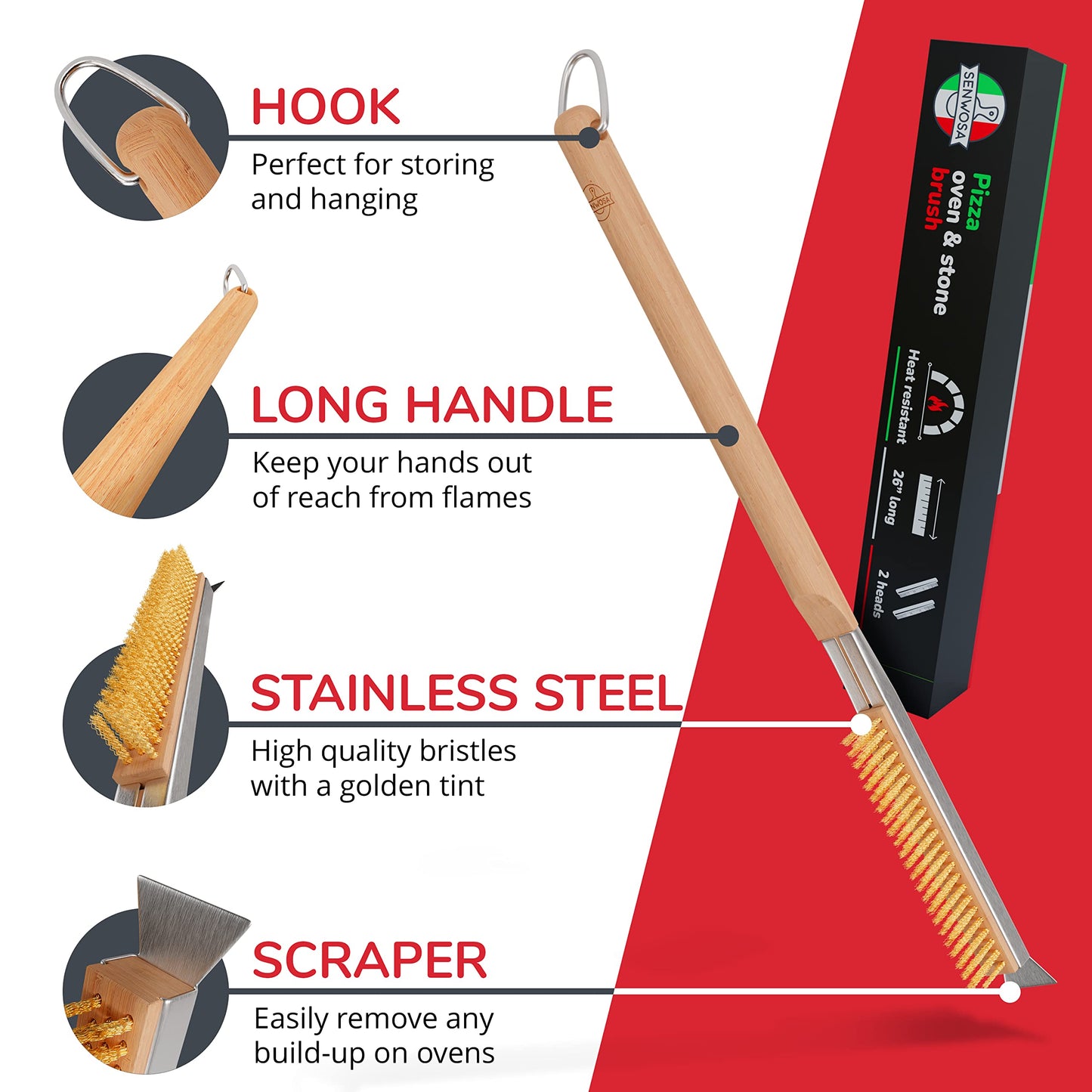 26” Pizza Oven Brush with Stone Scraper - Stainless Steel Bristles, Extra Long Handle, Heat-Resistant - Compatible with Ooni, Gozney and Similar Ovens - Includes Spare Head