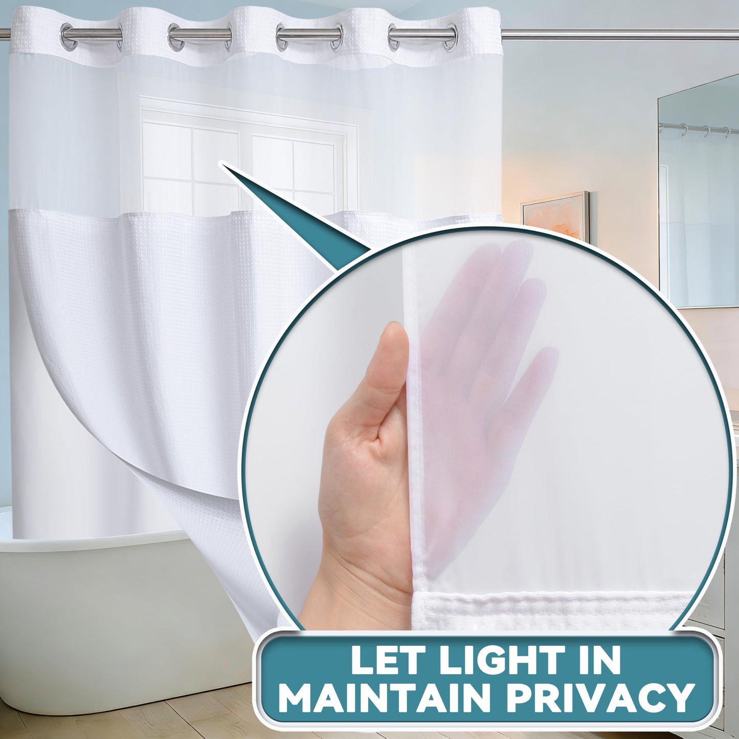 Conbo Mio Fabric Waffle Weave Hotel Shower Curtain with Snap in Liner for Bathroom Waterproof Machine Washable Shower Curtain (Waffle-White, 71" W x 74" H)