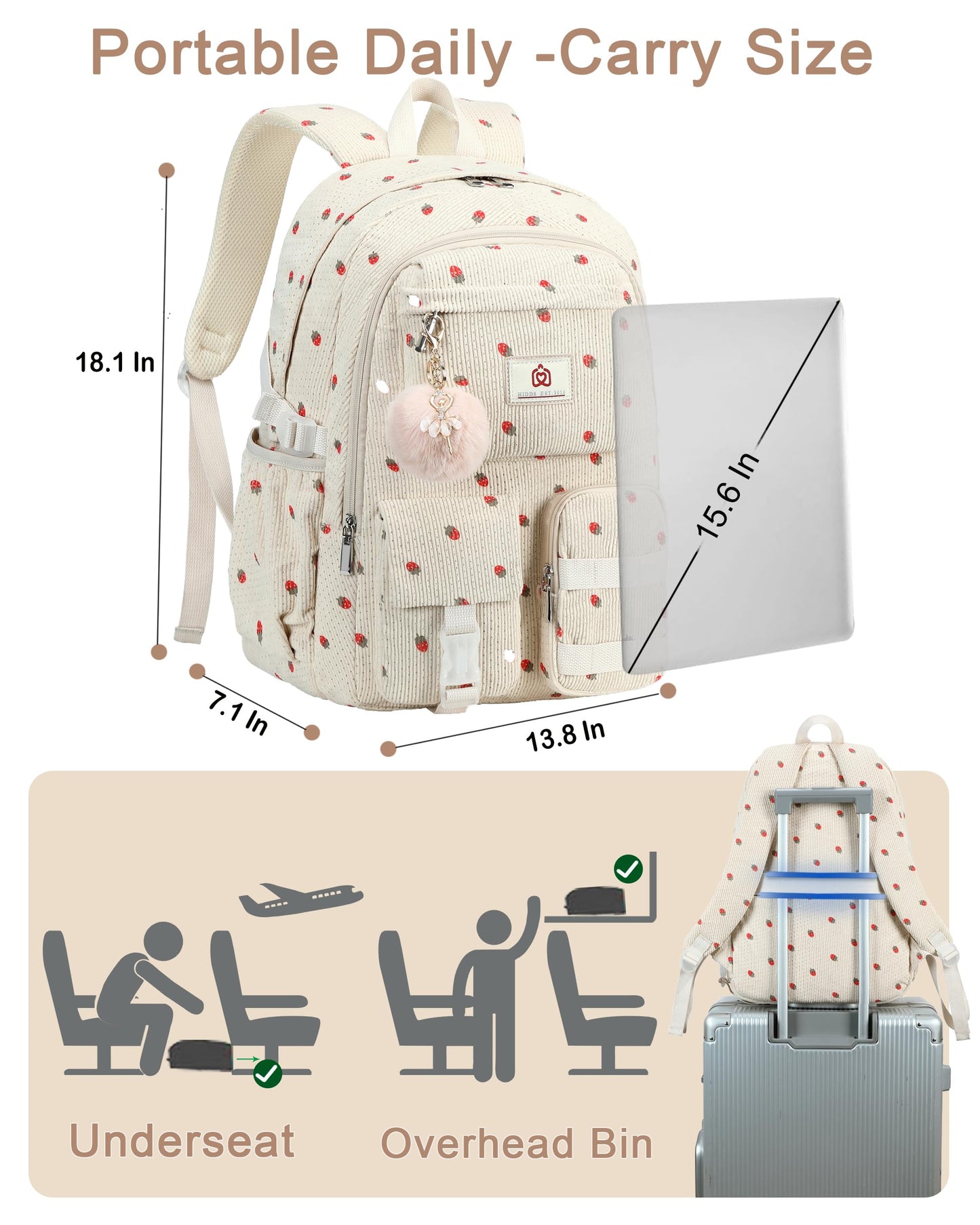 School Laptop Backpack for Teens Girls Women College Backpacks Corduroy Bag Students Bookbag Anti Theft Travel Daypack (Beige Strawberry)