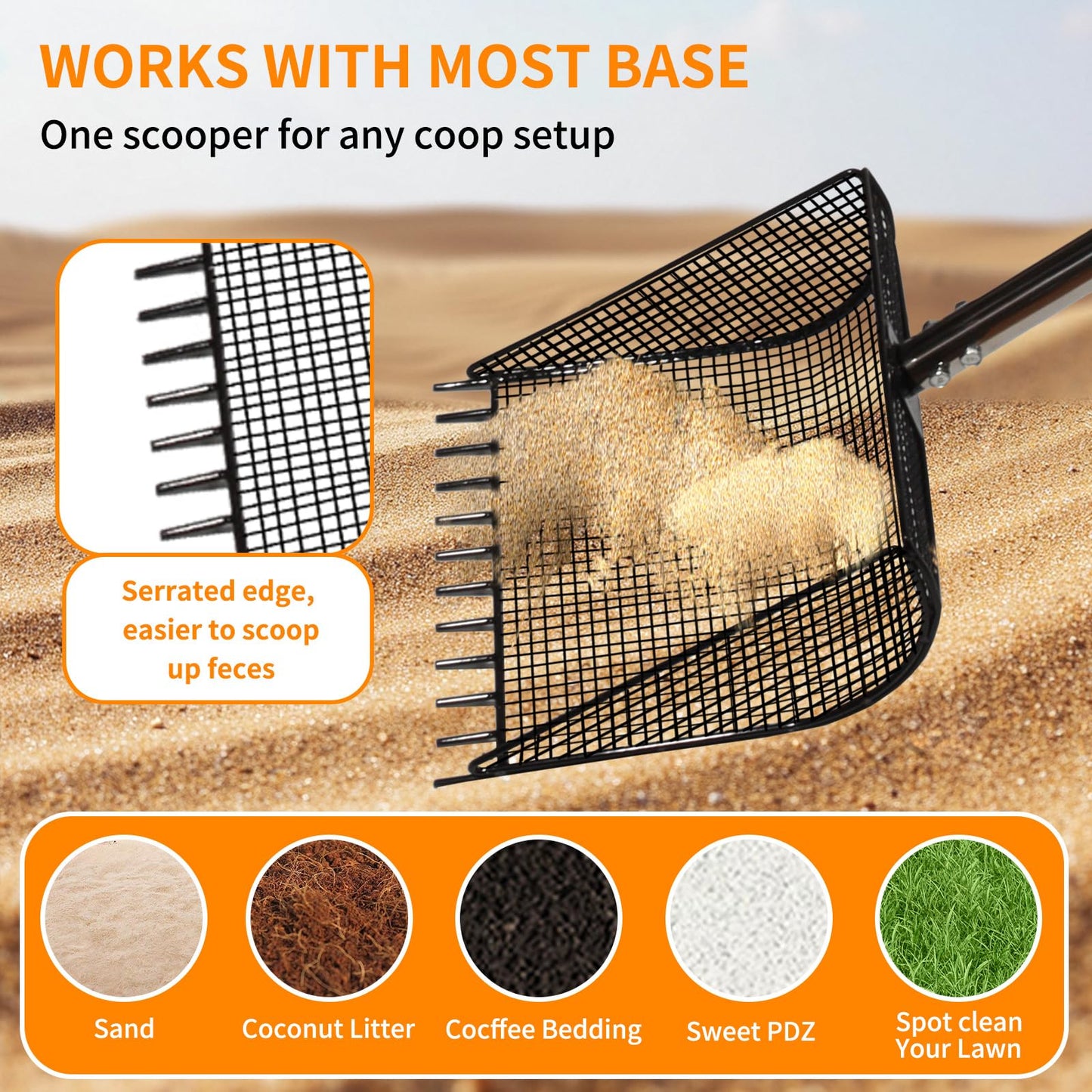 Chicken Poop Scooper & Rake 2-in-1 Metal Coop Shovel,Adjustable Stainless Steel Handle,Cleaning Tools for Chicken Coops & Farm Animals Scoop for Litter Scooper Sand Sifting Shovel Chicken Coops