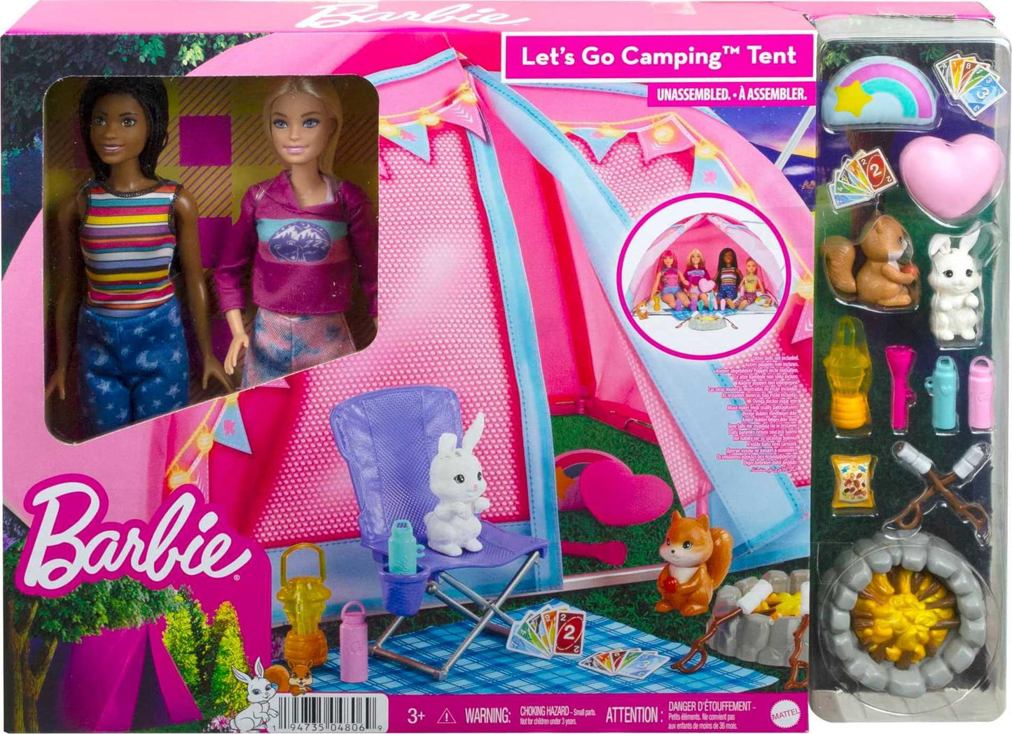 Barbie Dolls & 20 Accessories, It Takes Two Camping Tent Playset with Brooklyn & Malibu, Plus 2 Moving Animals