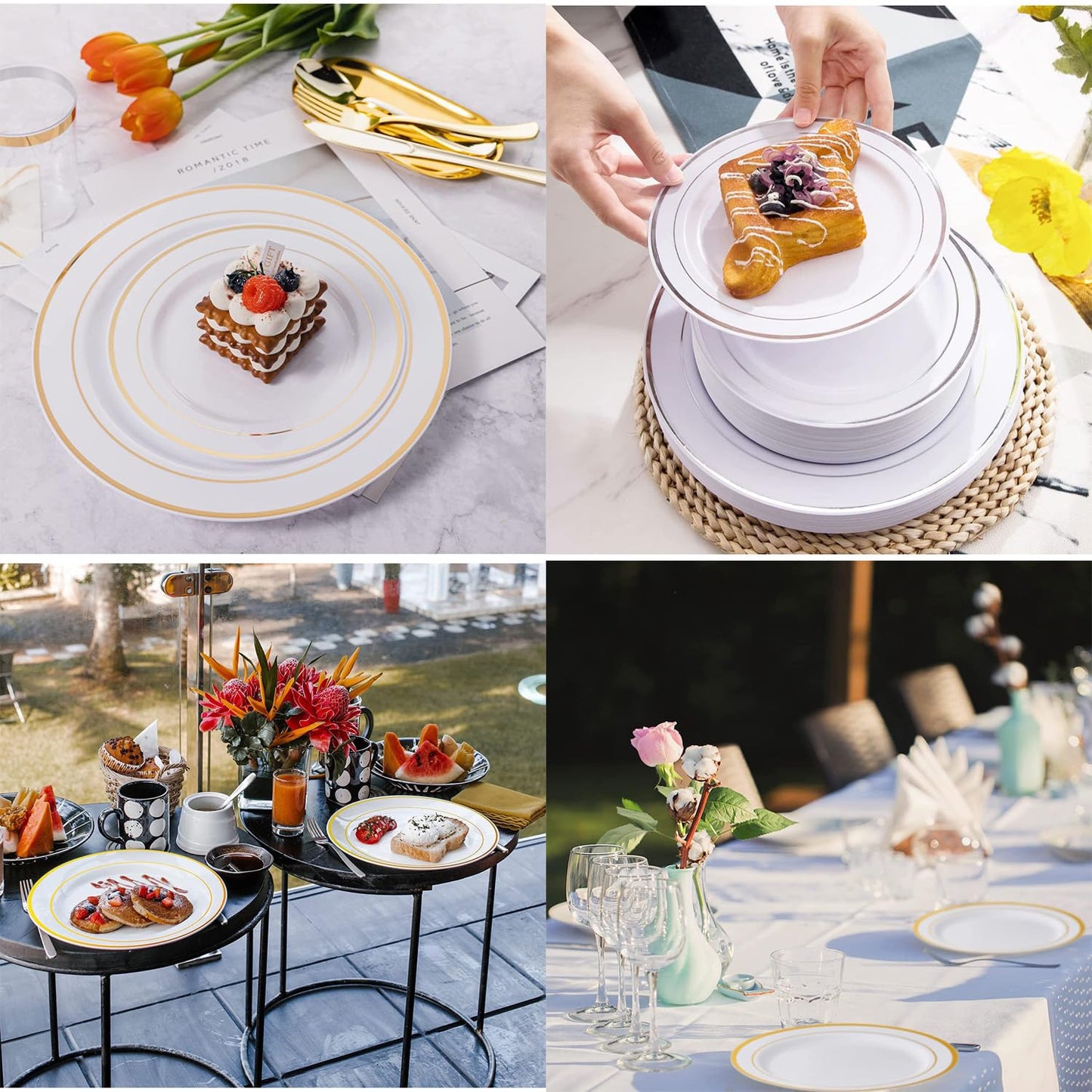 60Pcs Plastic Party Plates White Silver Rim, 30 Premium Heavy Duty 10.25 Inch Dinner Plates and 30 Disposable 7.5 Inch Dessert Appetizer Elegant Fancy Heavy Duty Wedding Plates