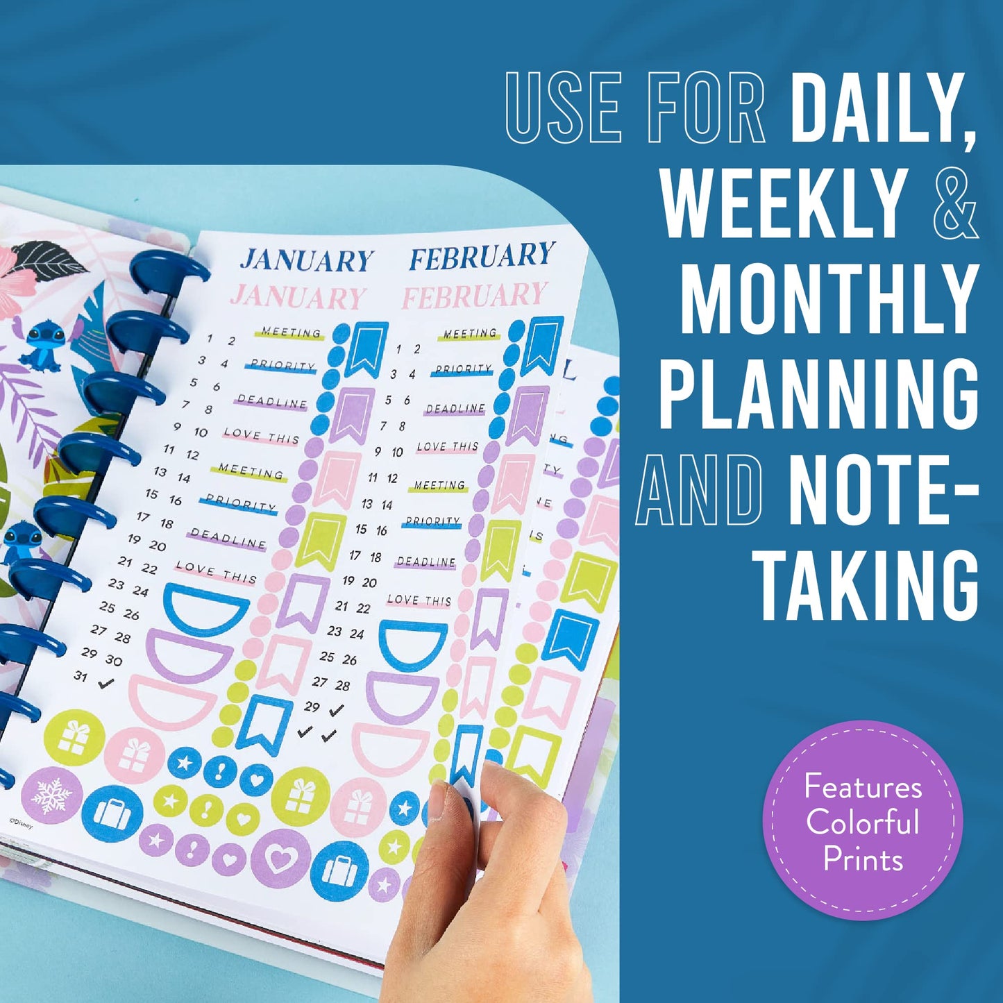 Happy Planner Disney Undated Journal & Planner by Day, Week or Month. 68 Pages for Notetaking. Perfect Organizer to Increase Productivity & Achieve Your Goals – Customizable with 4 Dividers & 6 Sticker Sheets Disney Aloha Stitch - Classic - 7" x 9.75"