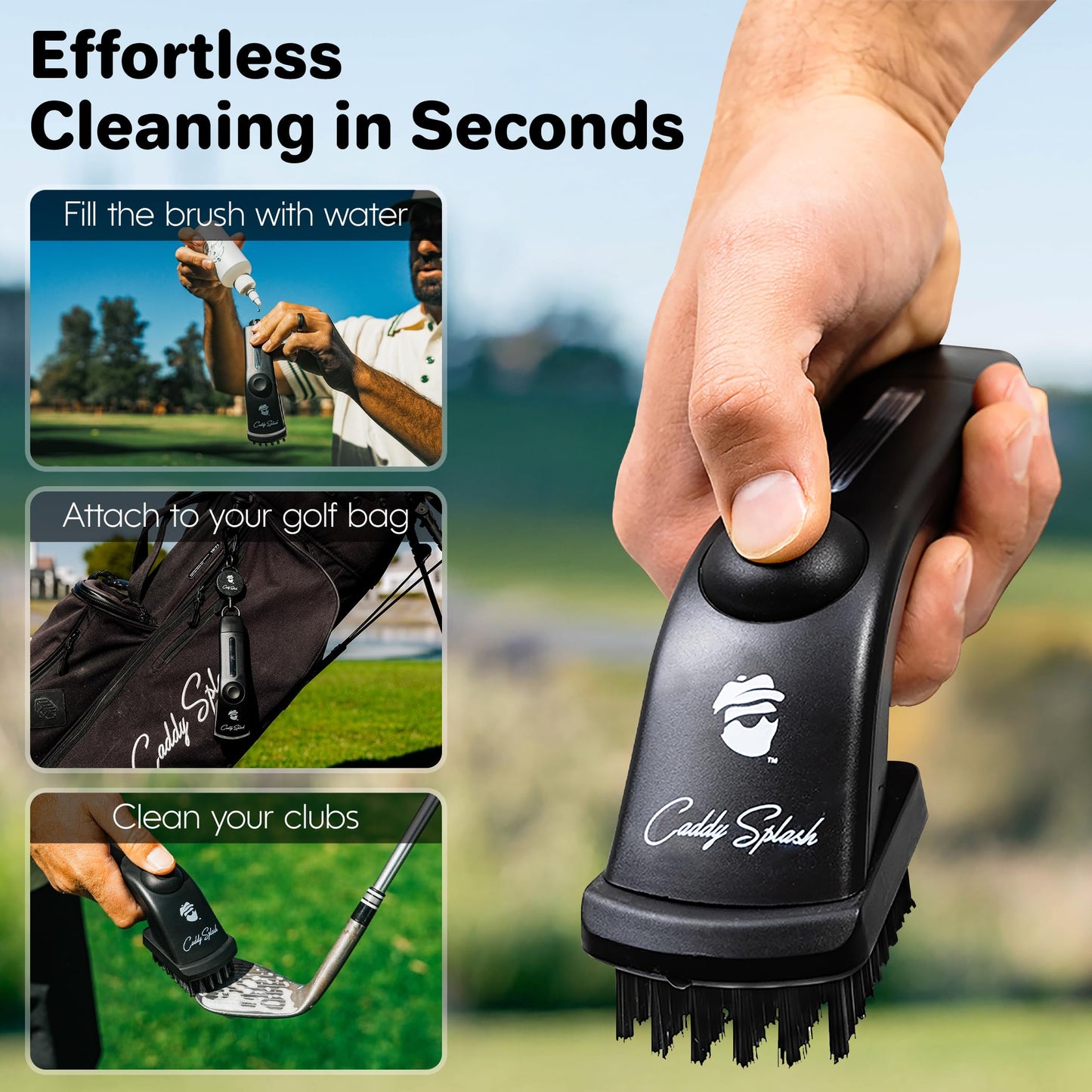 Caddy Splash Golf Club Brush Pro with Water (Black) - Heavy Duty Retractable Clip- Push Button for Easy Cleaning with Nylon Bristles - Holds 4 Oz Water - Golf Accessories - USA Company