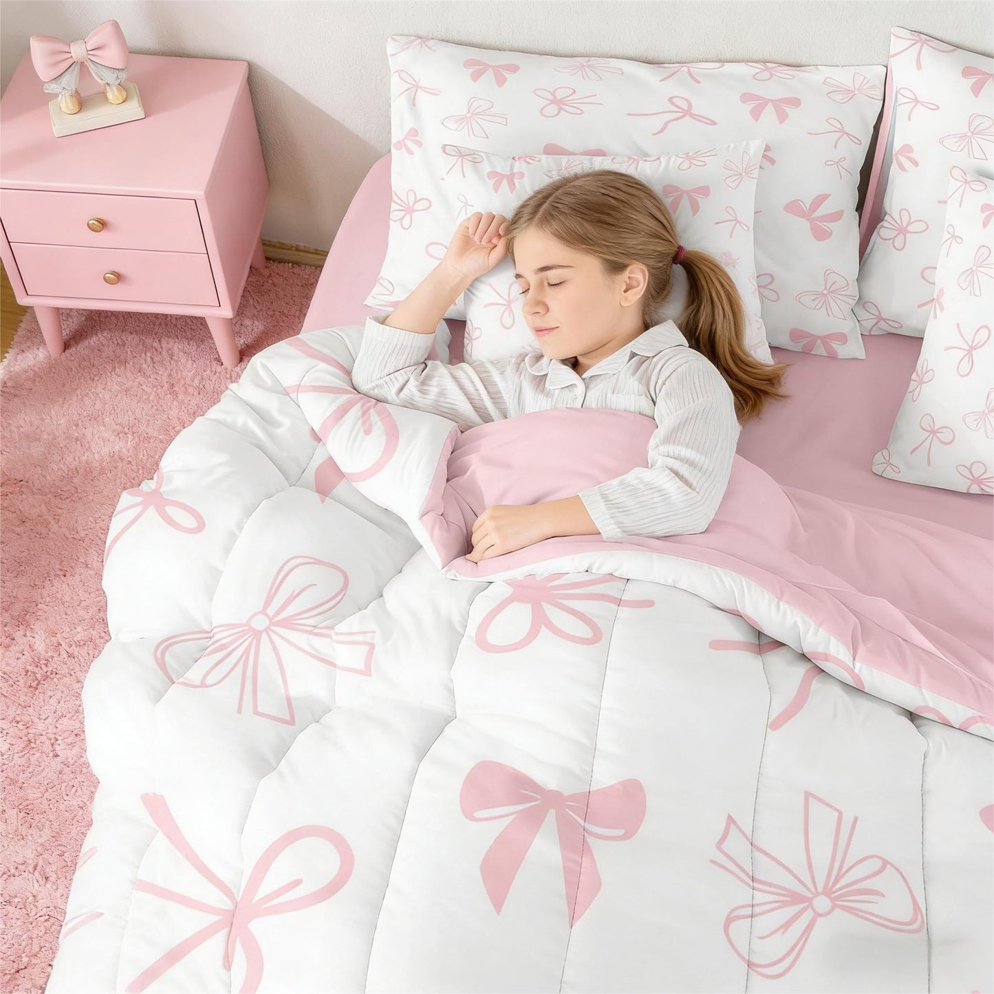 Erosebridal Bow 7 Piece Bedding Set Full Cute Bowknot Comforter Set with Sheets Princess Bow Tie Bed in a Bag White Pink Simple for Kids Girls Women