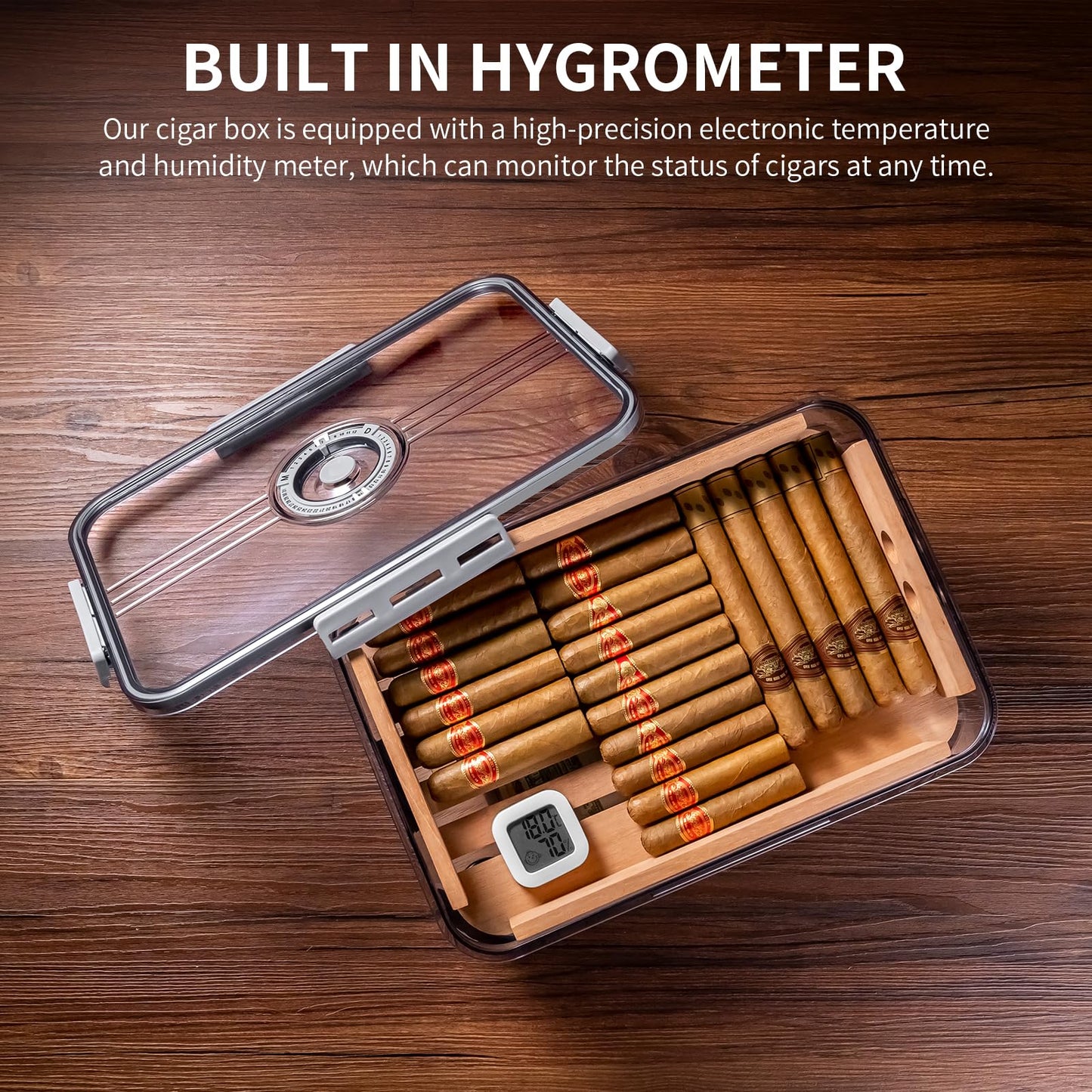 CIGARLOONG Cigar Humidor Large Accommodate 100 Cigars,Built-in Cedar Wood Shelf with High Precision Hygrometer Transparent Cigar Storage Box