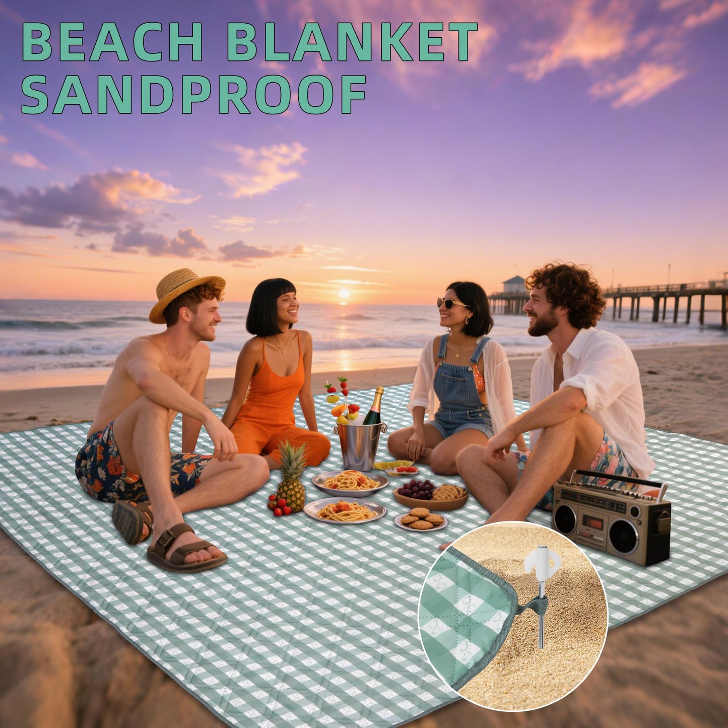 Waterproof 80"X80" Picnic Blankets Thick Outdoor Picnic Mat with 4 Luminous Stakes Foldable Camping Blanket Portable with Carry Strap for Beach Park Grass Park Hiking