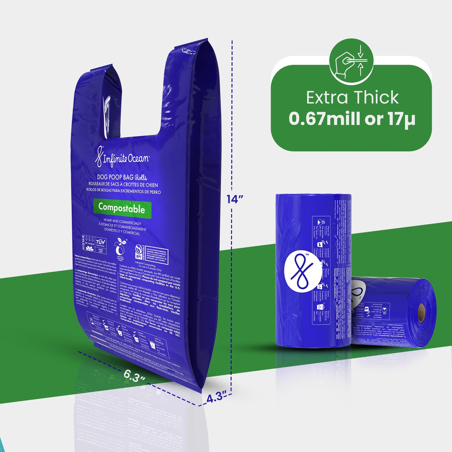 Certified Home Compostable Dog Poop Bag Rolls, 300 Count Tie-Handle & Gusseted Leak-Proof, Odor-Proof, Thick Blue Refill Rolls, Unscented