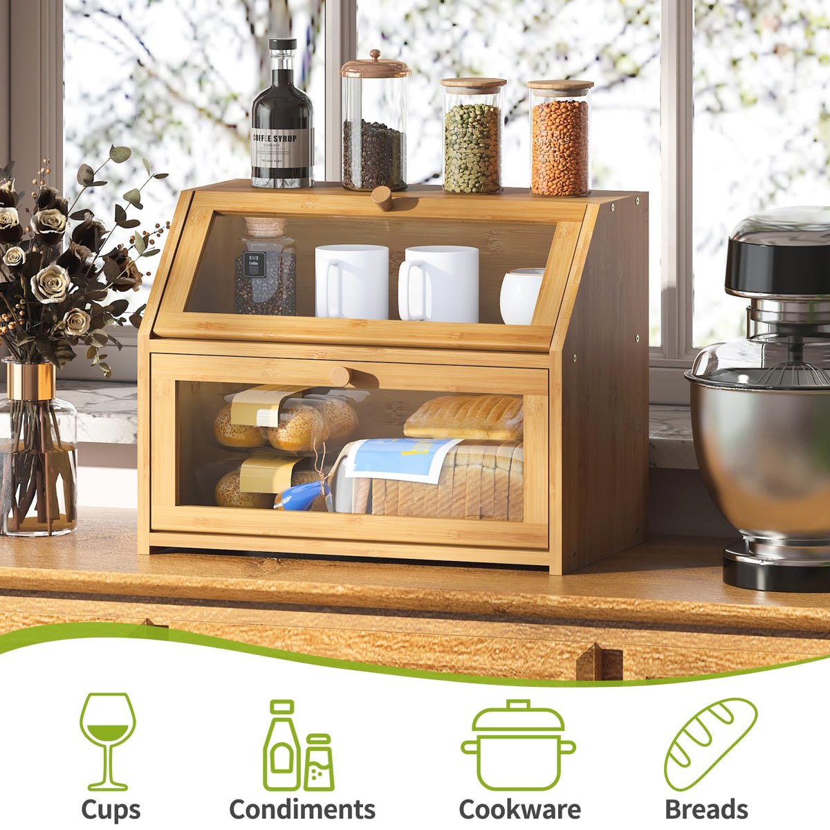 Bread Storage Farmhouse Bread Box For Kitchen Countertop Bread Container With Clear Window Breadbox Double Layer Bamboo Wooden Extra Large Capacity Bin Kitchen Food Storage Container (Trapezoid Bread Box)