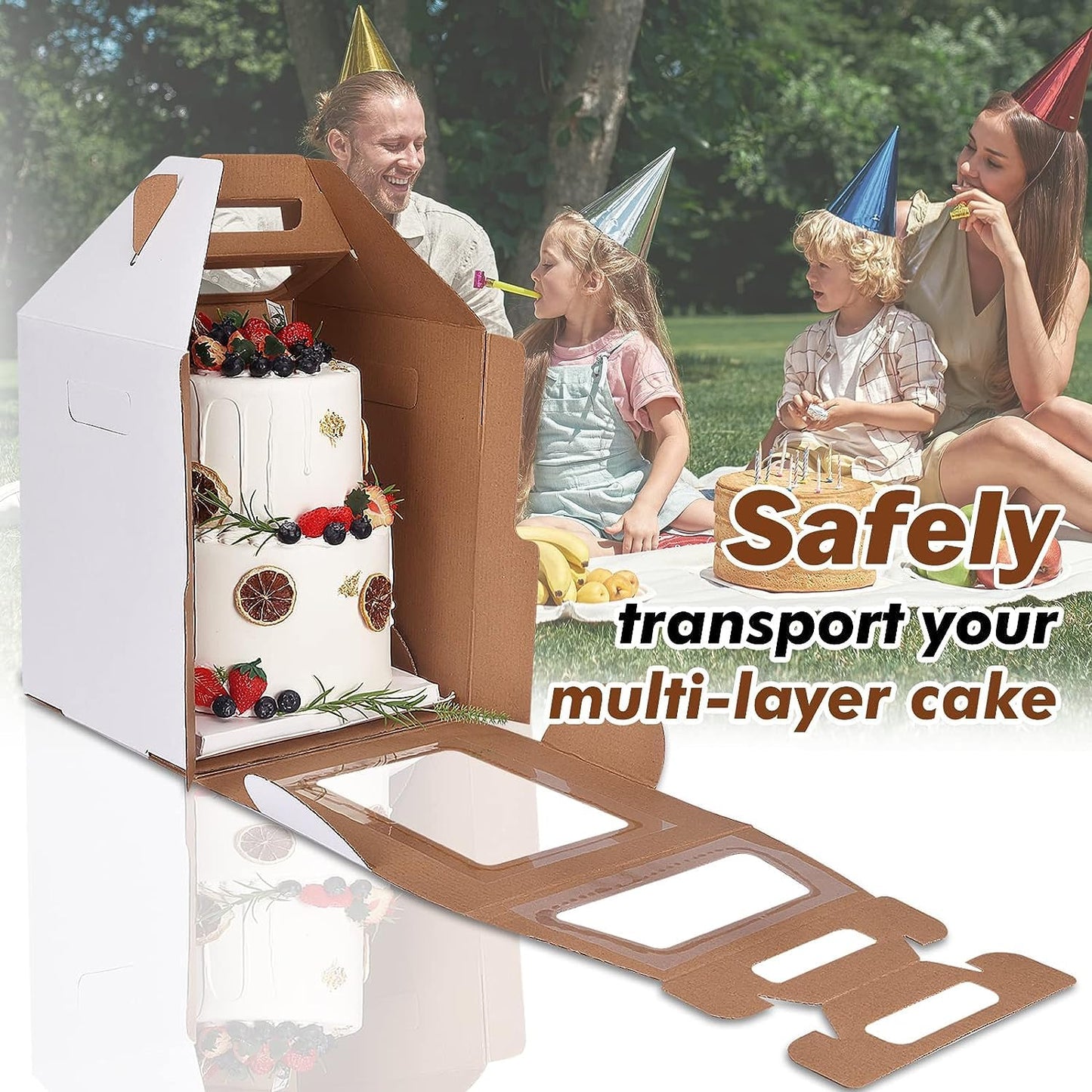 4 Pack Tall Cake Boxes with Windows, Large Tiered Cake Boxes 2 Sizes 10x10x12 & 12x12x14 Inch Tier Cake Carrier with 4 Cake Boards, Disposable Cake Containers (PACK 4)