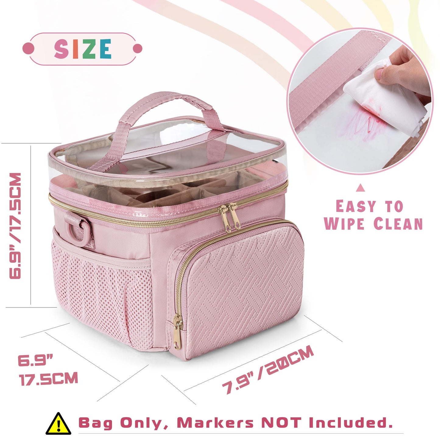 Rexmica Markers Organizer Case for 100 Markers, Markers Storage Organizer Bag with Divider and Shoulder Strap, Marker Pen Travel Carrying Case with 3 Pockets, Pink (Patented Design)