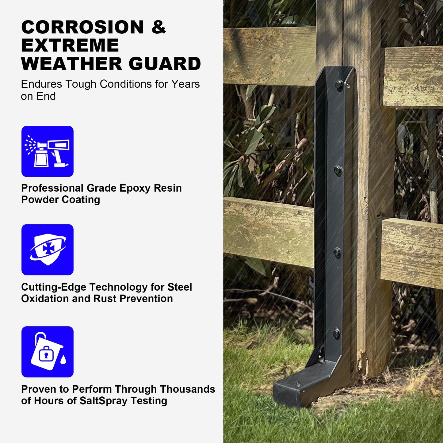 AKINGKONG Fence Post Repair Kit - Thickened 11-Gauge Steel Anchors & Stake for Broken/Leaning 4x4/6x6 Wood Posts (One-Piece, 4-Pack)