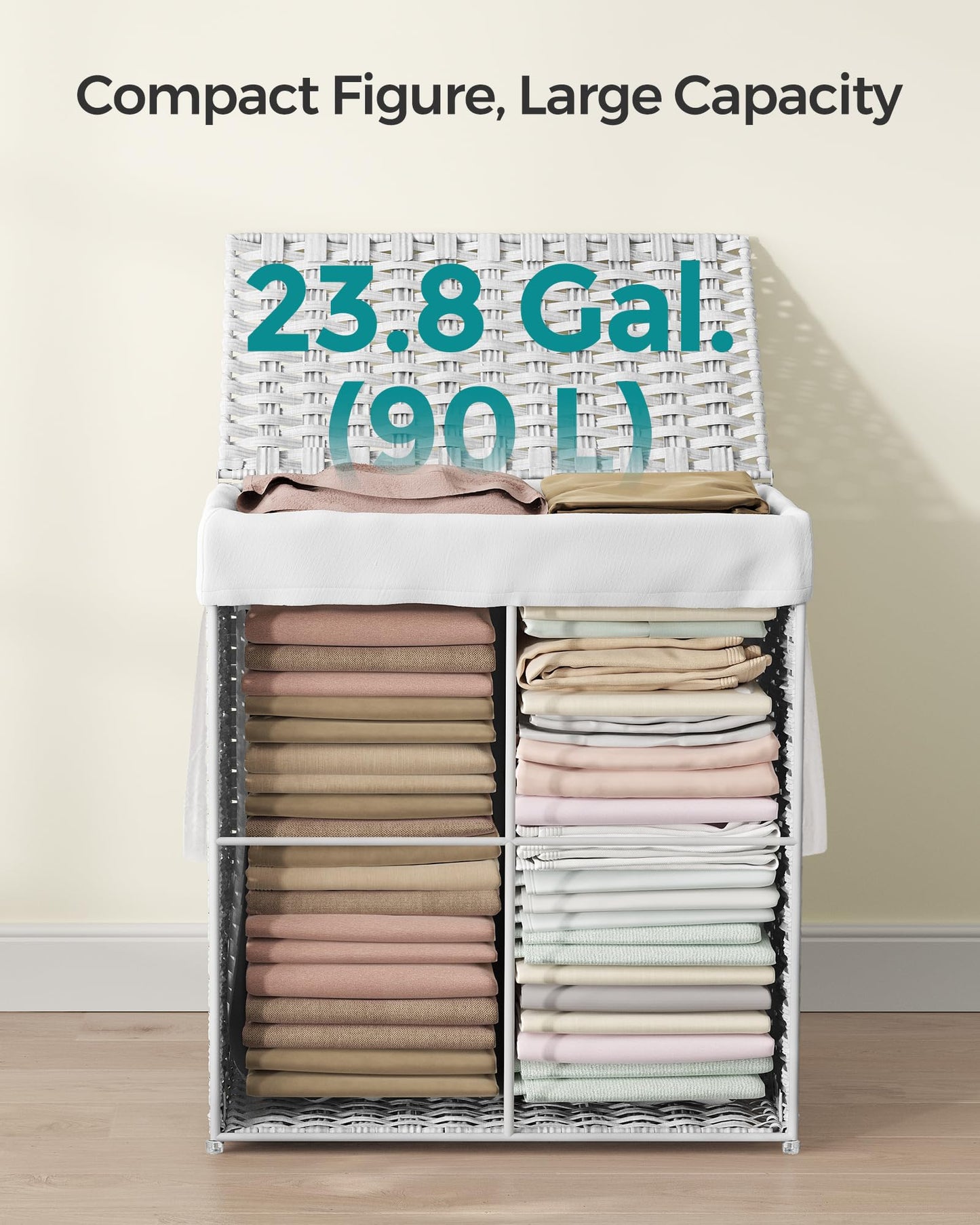 SONGMICS Laundry Hamper with Lid, 23.8 Gallon (90 L) Synthetic Rattan Clothes Laundry Basket with Lid and Handles, Foldable, Removable Liner, Snow White ULCB051W01V1