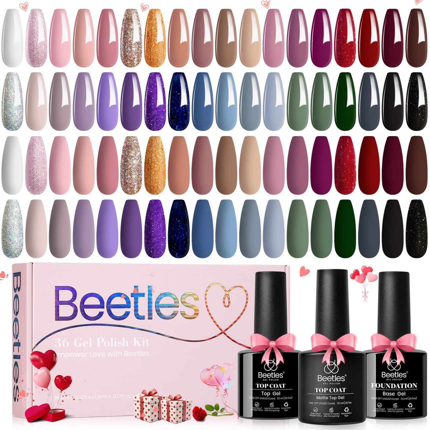 Beetles Gel Nail Polish Kit, 36 Colors Soak Off Neutral Nude Pink Gel Polish with 1 Base Coat 1 Glossy & 1 Matte Top Coat Gel Nail Art Nail Nail Design Decoration at Home