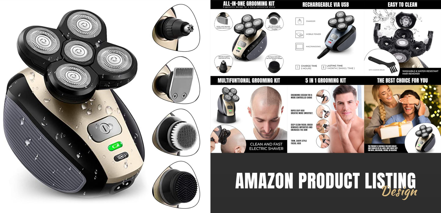 Electric Shaver Bald Head Shaver Head Shavers for Bald Men Electic Razor for Men Waterproof Cordless Trimmer for Nose Ear Face Body Wet Dry Men's Rotary Shavers for Head Shaving Machine 5 in 1 4D